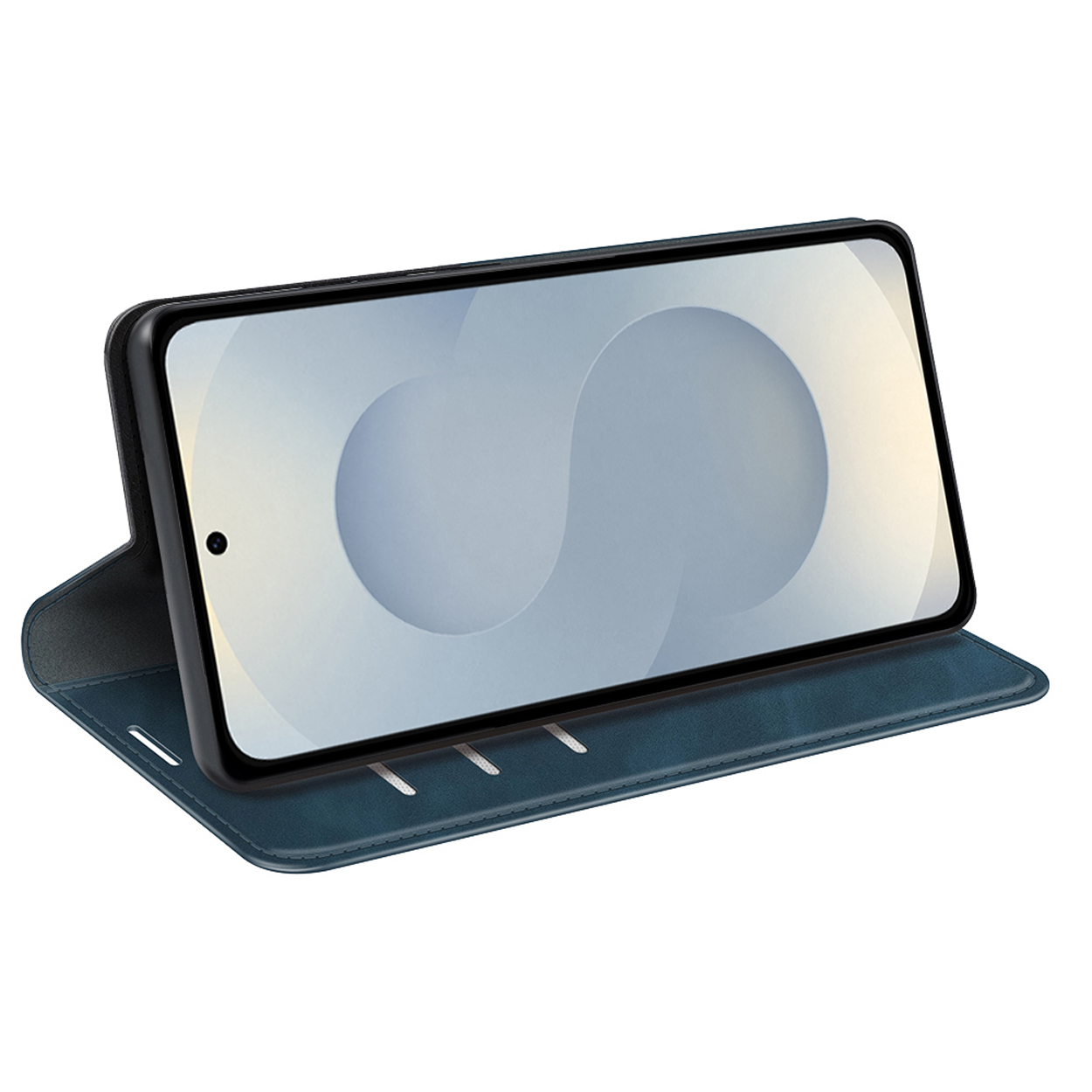 Blauwe telefoonhoes open met telefoon erin, horizontaal. Witte achtergrond.