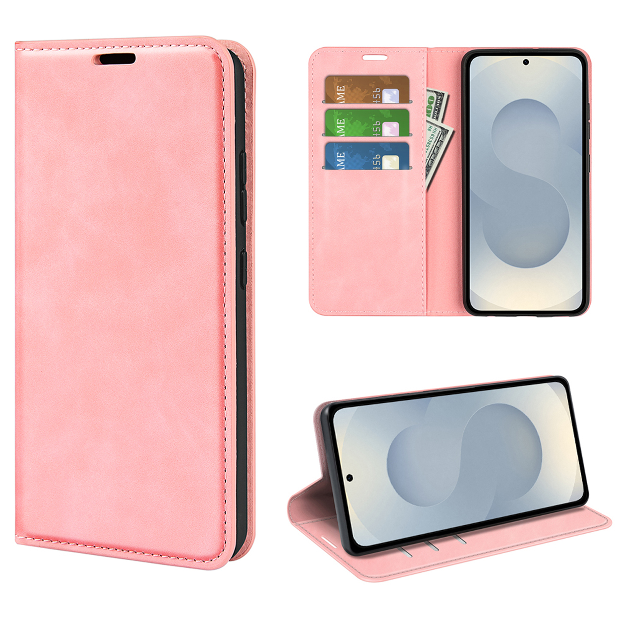 Roze telefoonhoes met telefoon erin, toont kaarten en geld. Gesloten hoes en schuin display.