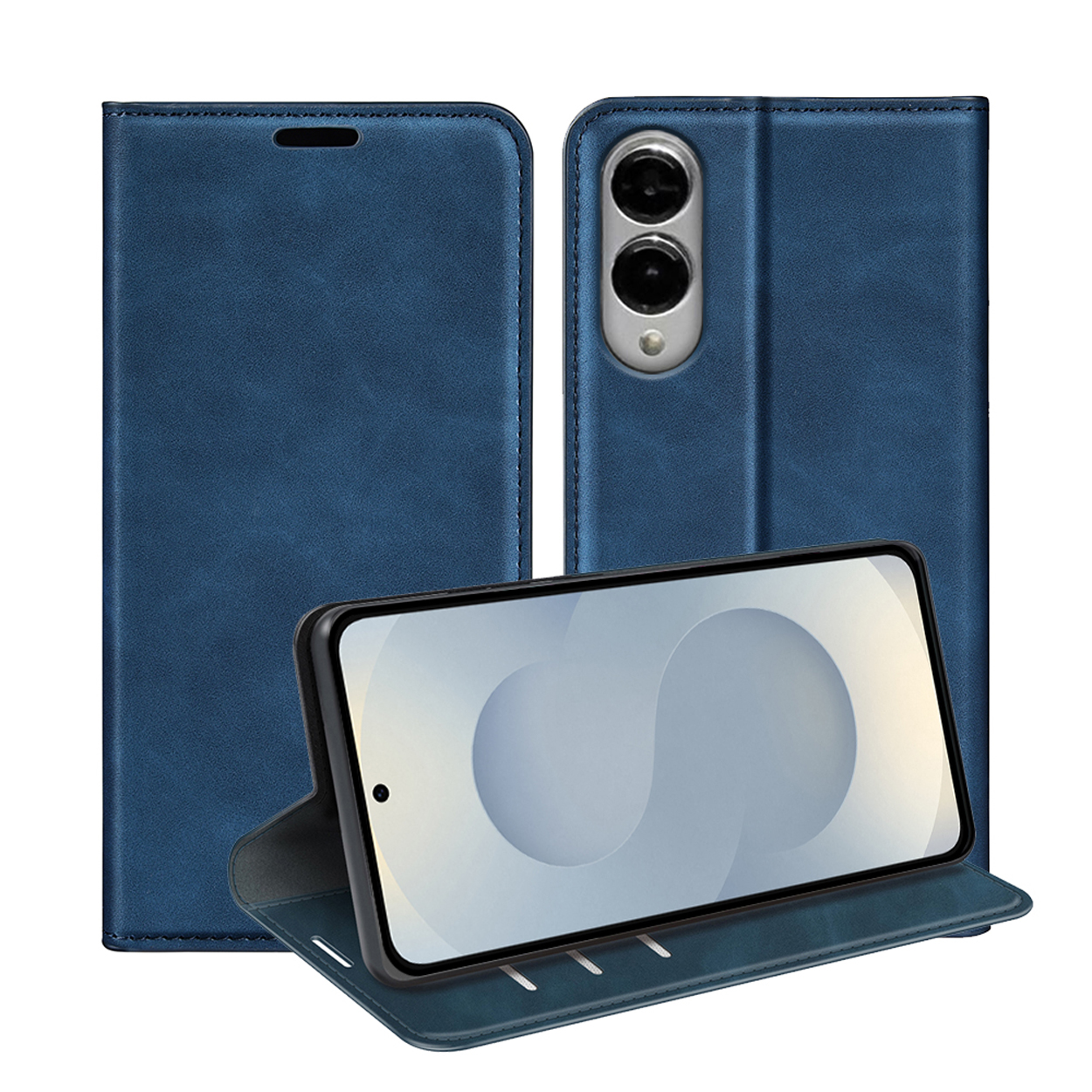 Blauwe telefoonhoes met telefoon erin. De telefoon staat schuin. Gesloten hoes en achterkant.