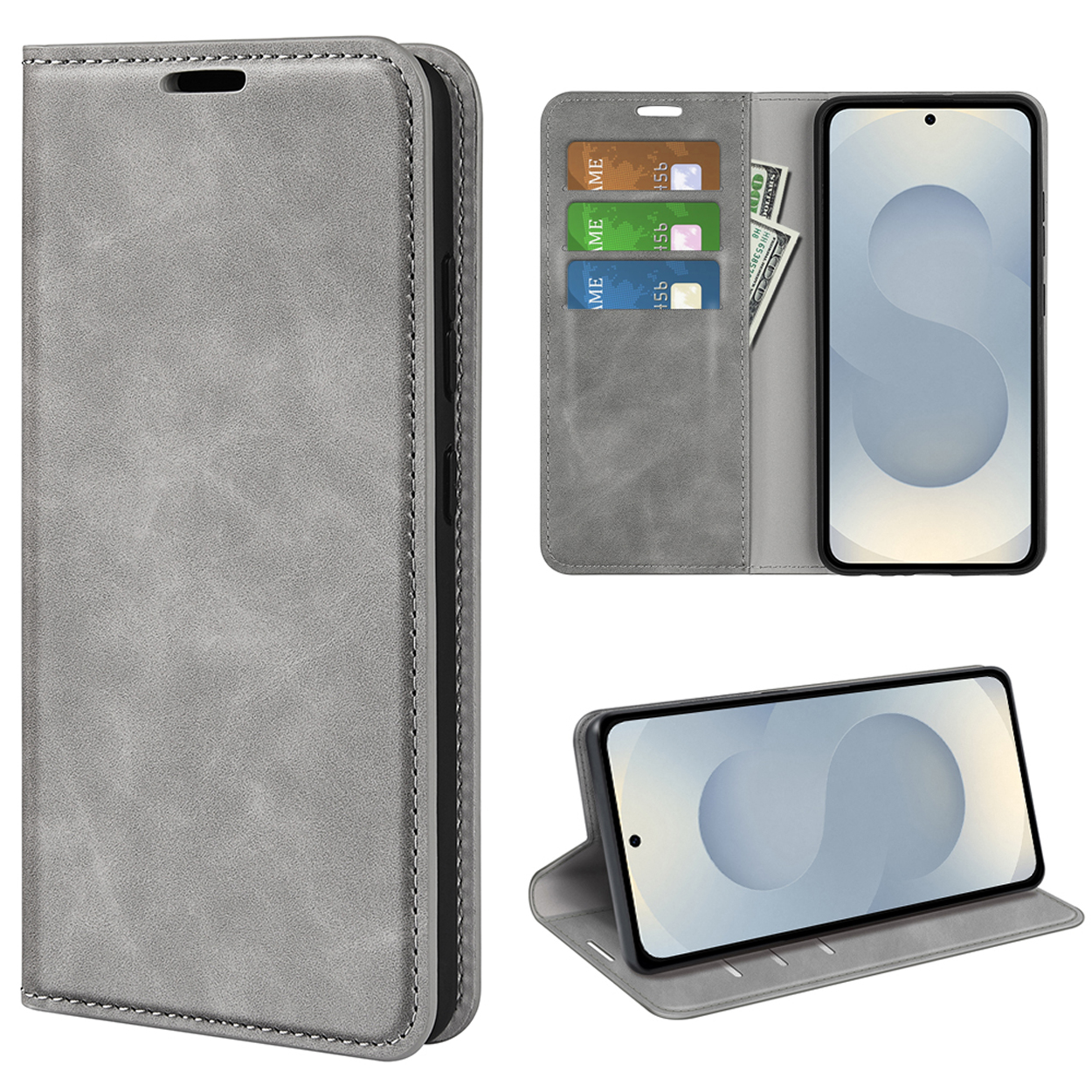 Étui de téléphone gris avec téléphone à l'intérieur, montrant cartes et argent. Étui fermé et écran incliné.