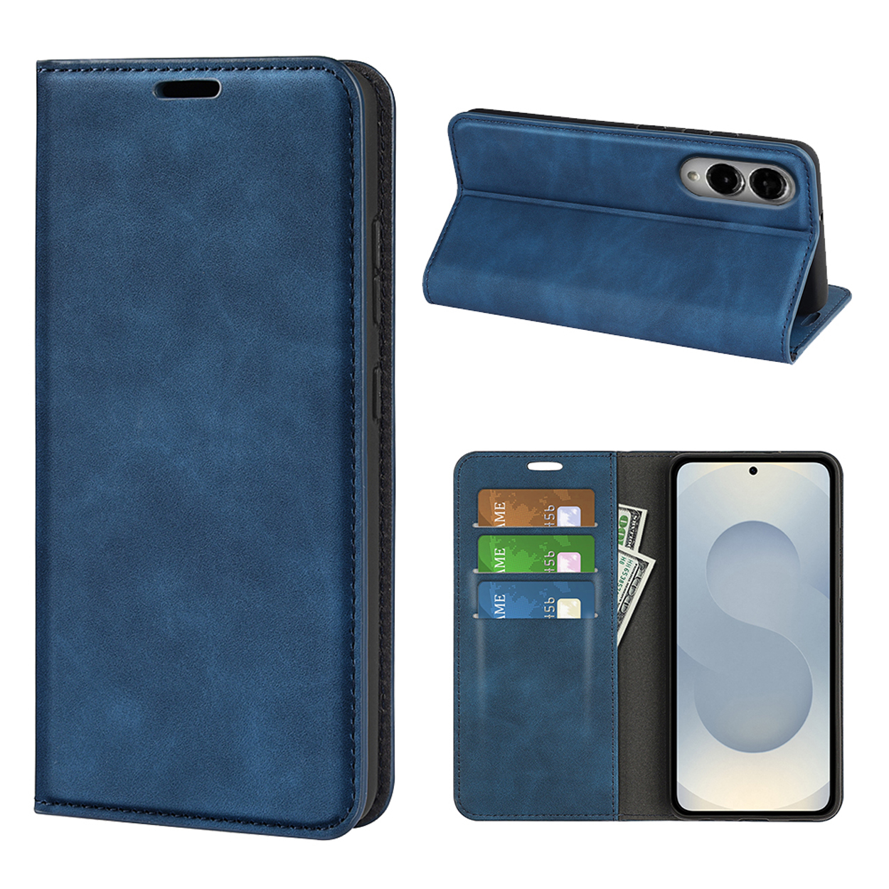 Blauwe telefoonhoes met telefoon erin, toont kaarten en geld. Gesloten hoes en schuin display.