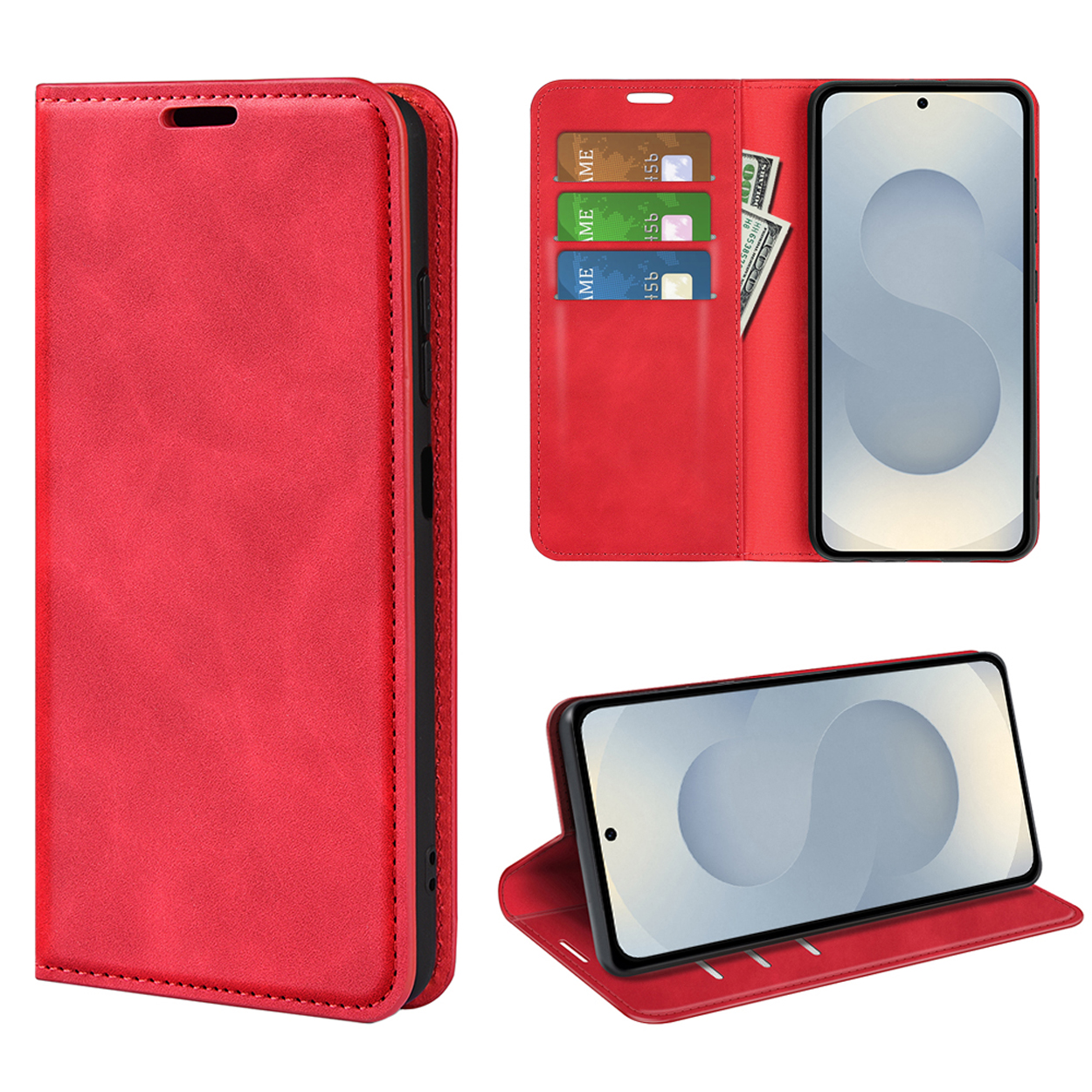 Rode telefoonhoes met telefoon erin, met kaarten en geld. Display staat schuin. Gesloten hoes.