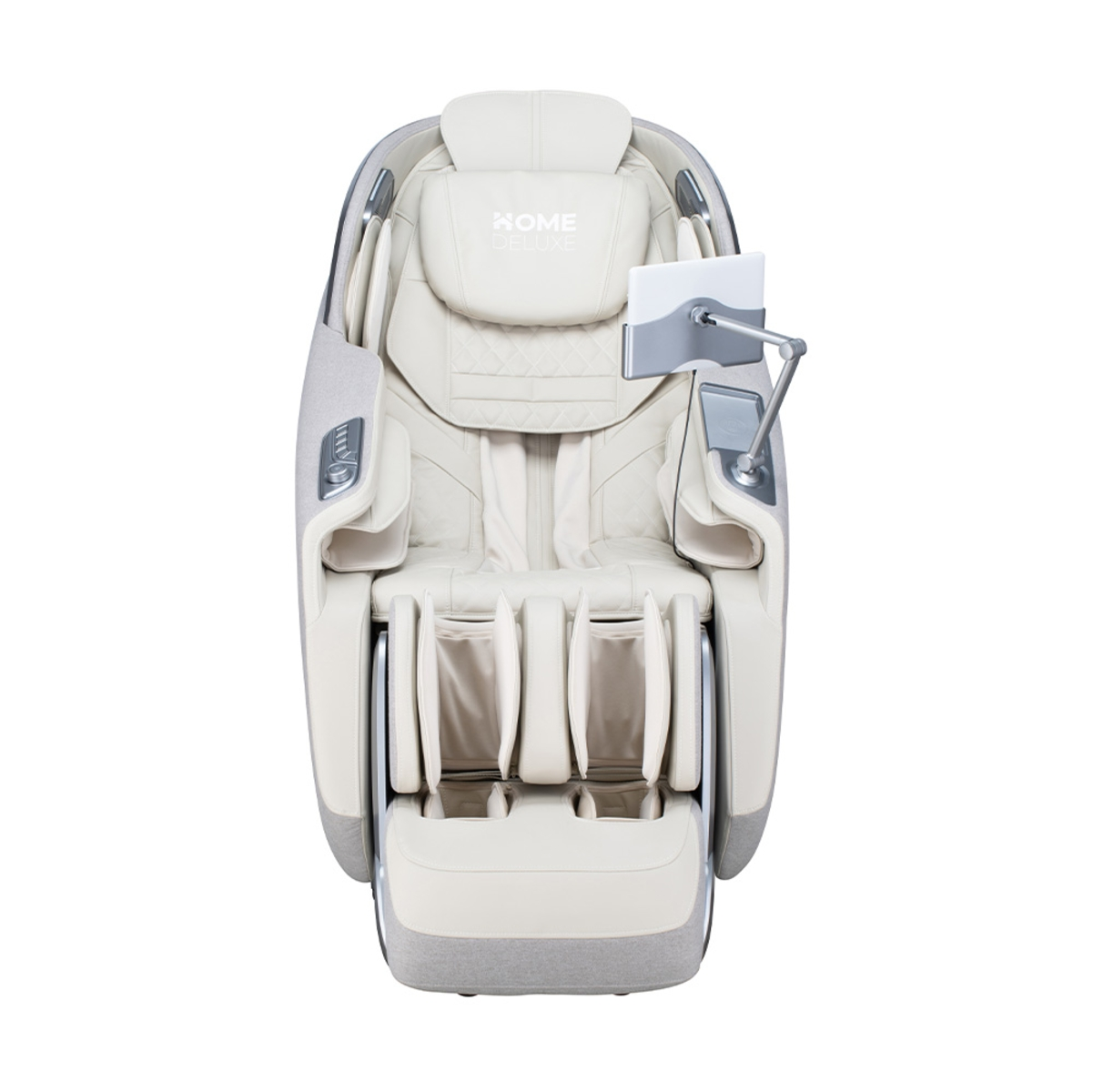 Massage-Sessel-Vorderansicht. Beige und graues Farbschema. Tablethalter. Weißer Hintergrund.