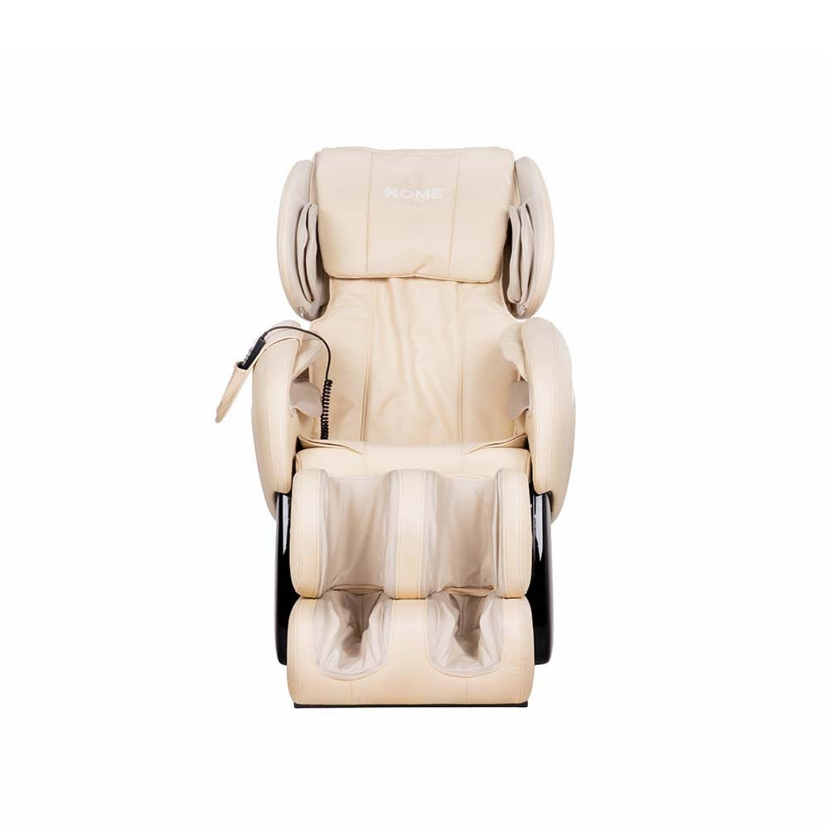 Ein Massagesessel von hinten betrachtet. Er hat eine beige Farbe und einen schwarzen Sockel.