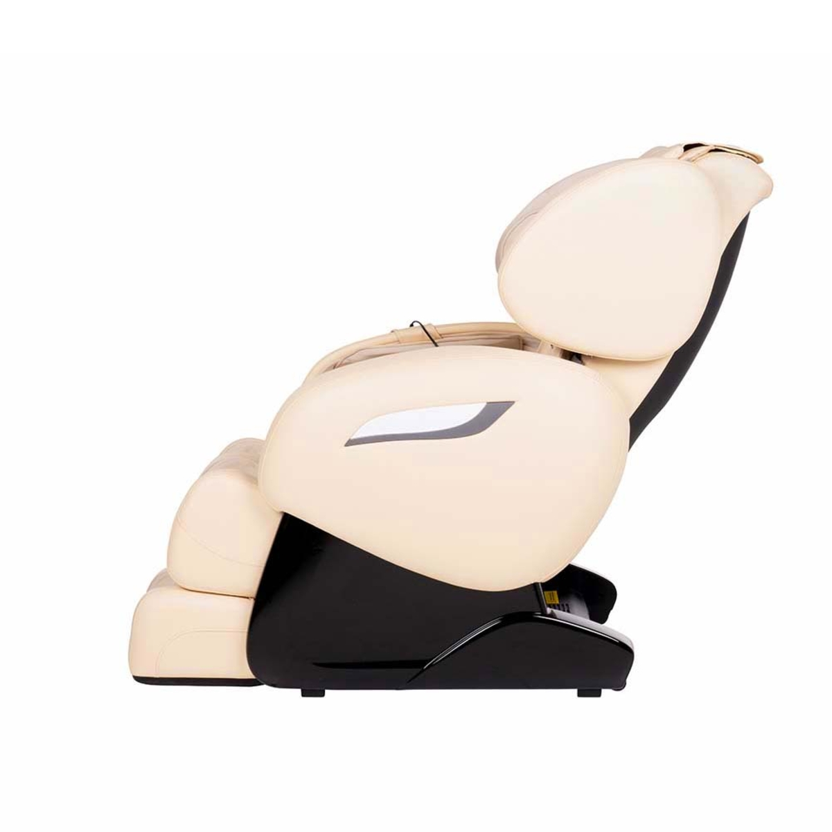 Creme- und schwarzer Massagesessel, Seitenansicht, zeigt Kopfstütze und Fußstütze. Weißer Hintergrund.