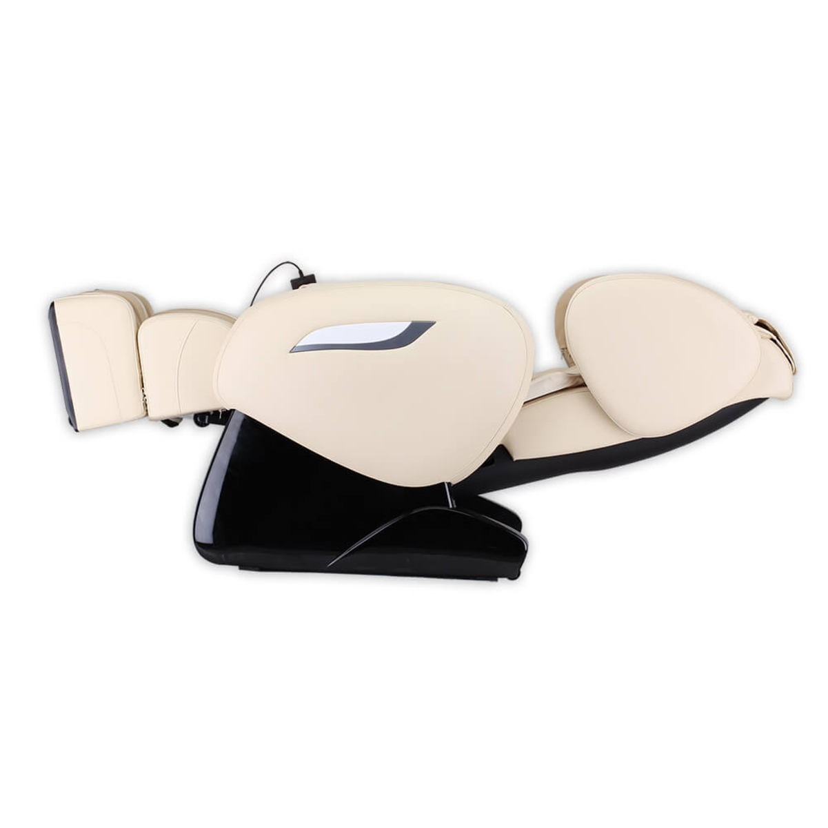 Creme- und schwarzer Massagesessel auf weißem Hintergrund. Seitenansicht, modernes Design.