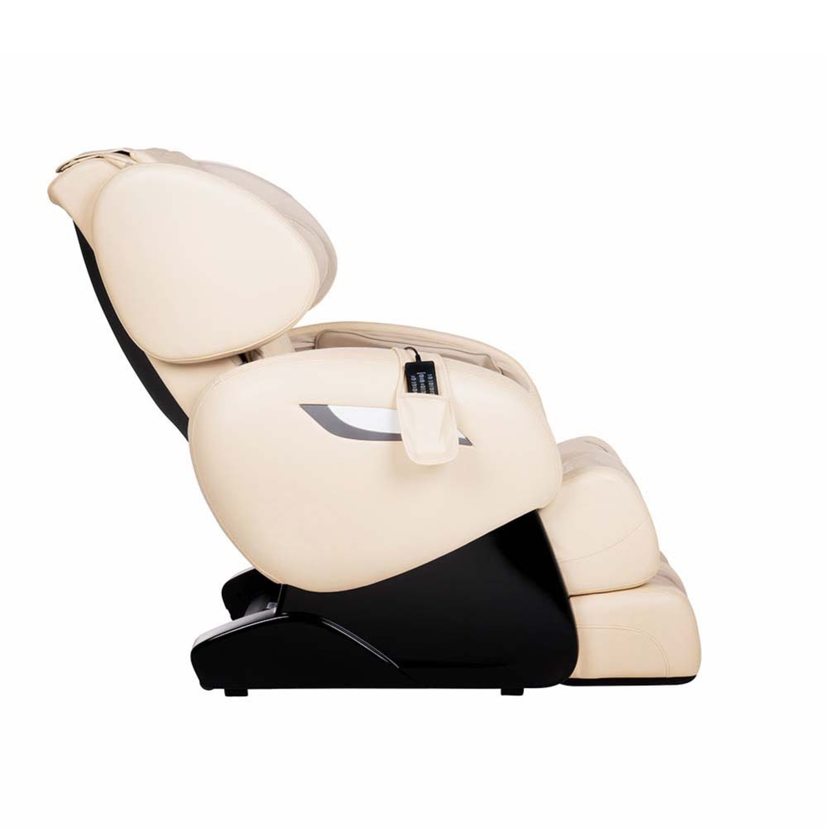 Beiger Massagesessel, Seitenansicht. Schwarzer Sockel und Rücken.
