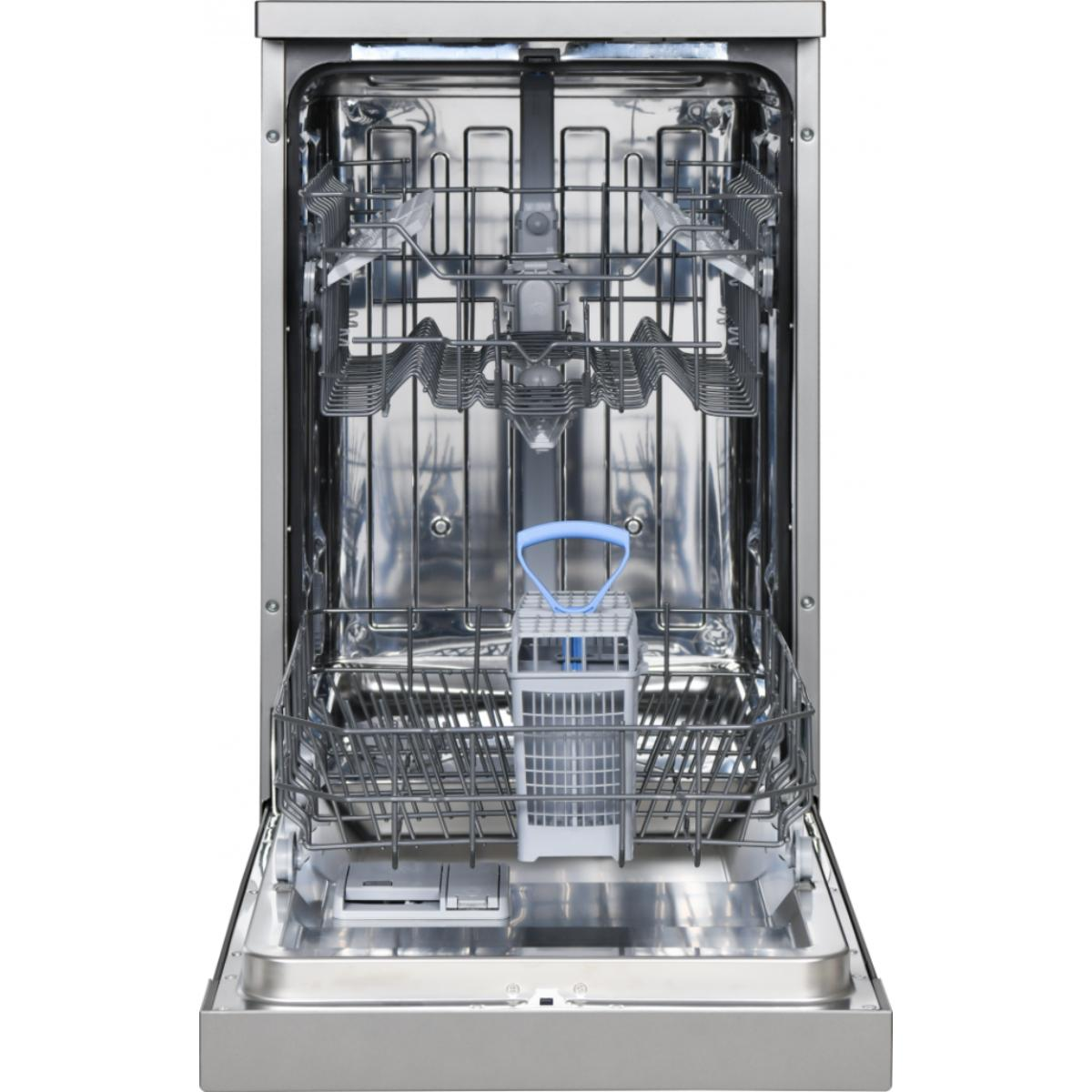 The interior of a stainless steel dishwasher with the door open, showing racks and a blue handle.