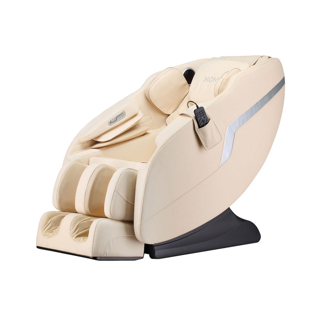 Cremefarbener Massagestuhl mit geschwungenem Design. Kopfstütze, Armlehnen und Fußmassagegerät sichtbar.