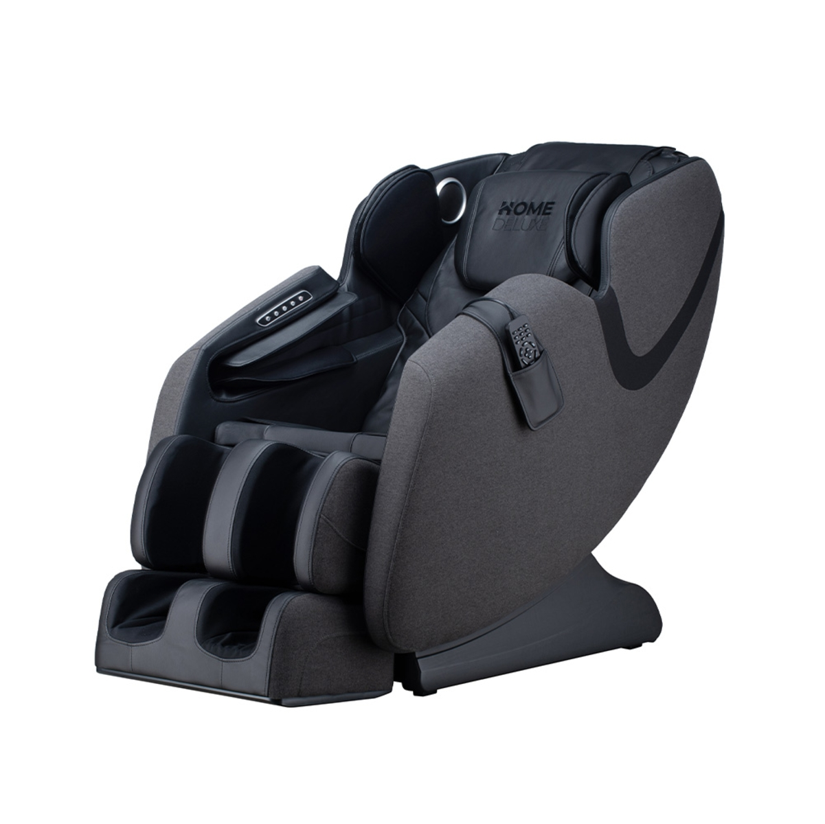 Grauer Massagesessel mit schwarzen Akzenten, Fernbedienung und dem Schriftzug „HOME DELUXE“.