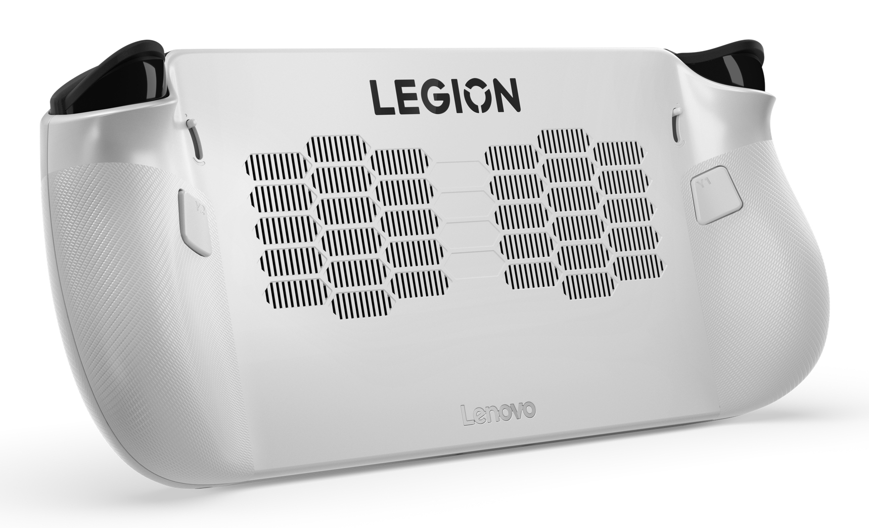 Białe przenośne urządzenie do gier, z tekstem 'LEGION' i logo Lenovo, z konstrukcją wentylacyjną.