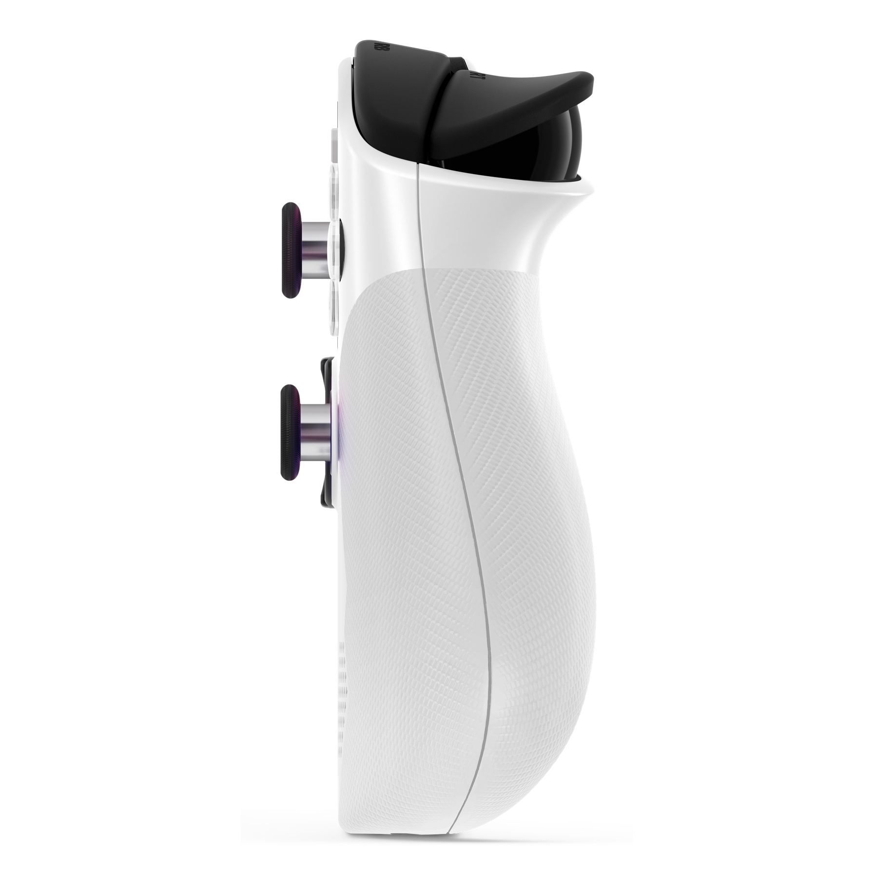 Biały kontroler z czarnymi spustami, widok z boku, na białym tle.