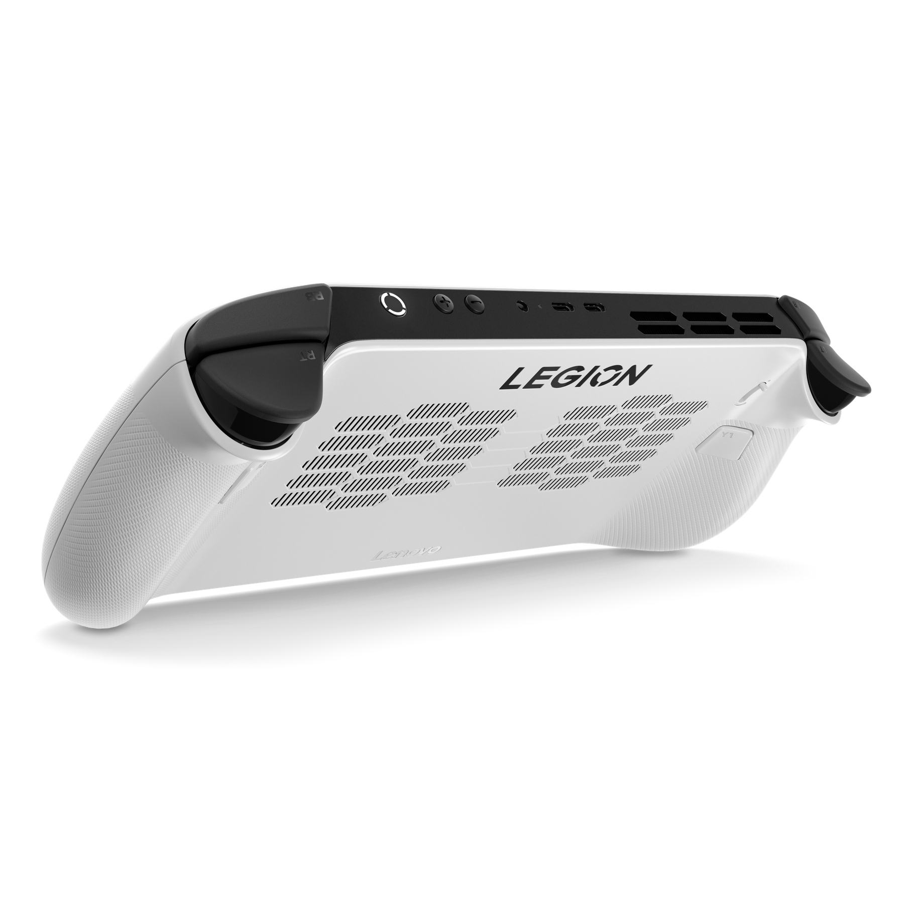 Białe przenośne urządzenie do gier, przechylone, pokazujące tył i spód. Posiada porty, otwory wentylacyjne i logo „LEGION”.