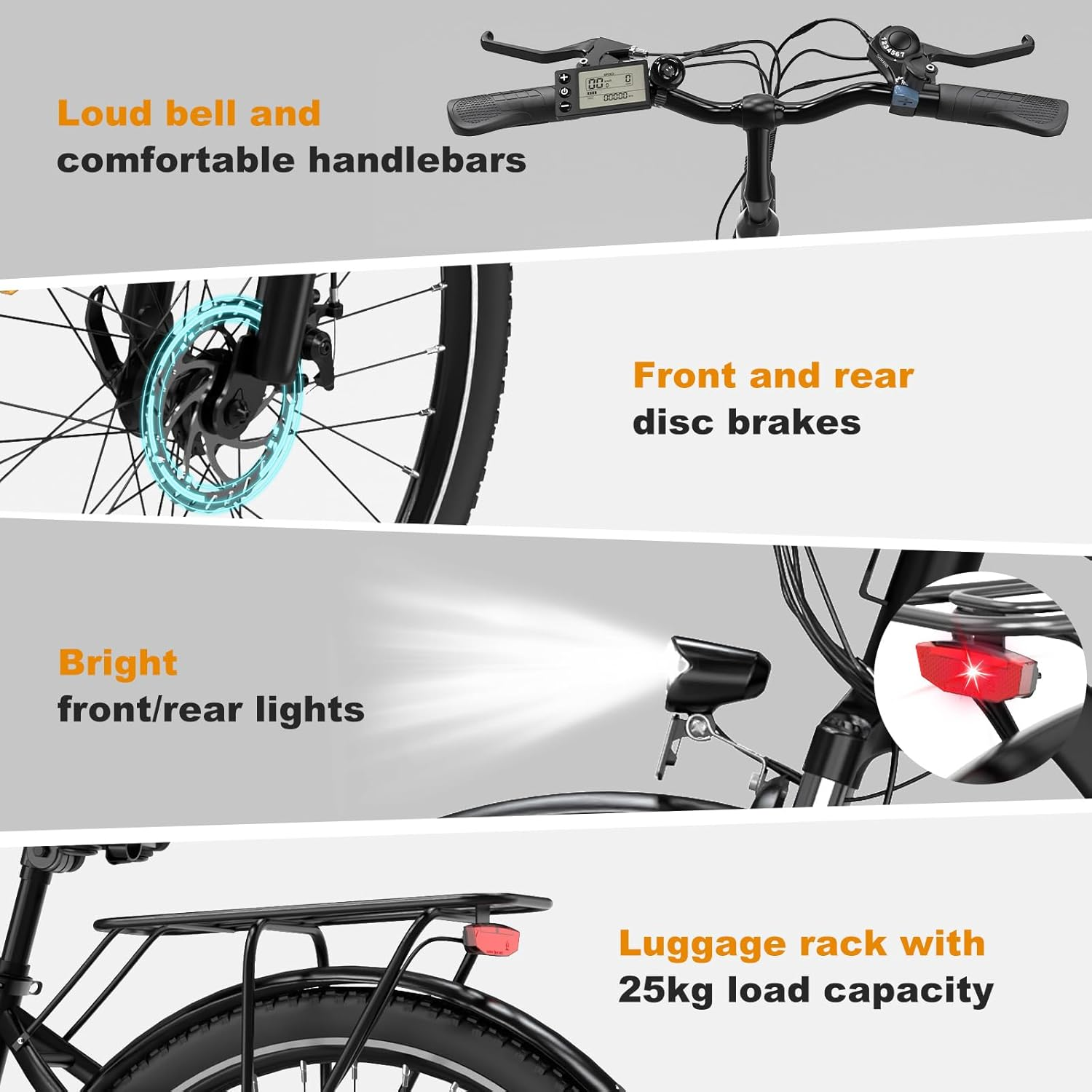 Szczegóły czarnego roweru z etykietami tekstowymi. Białe tło. Różne kąty.