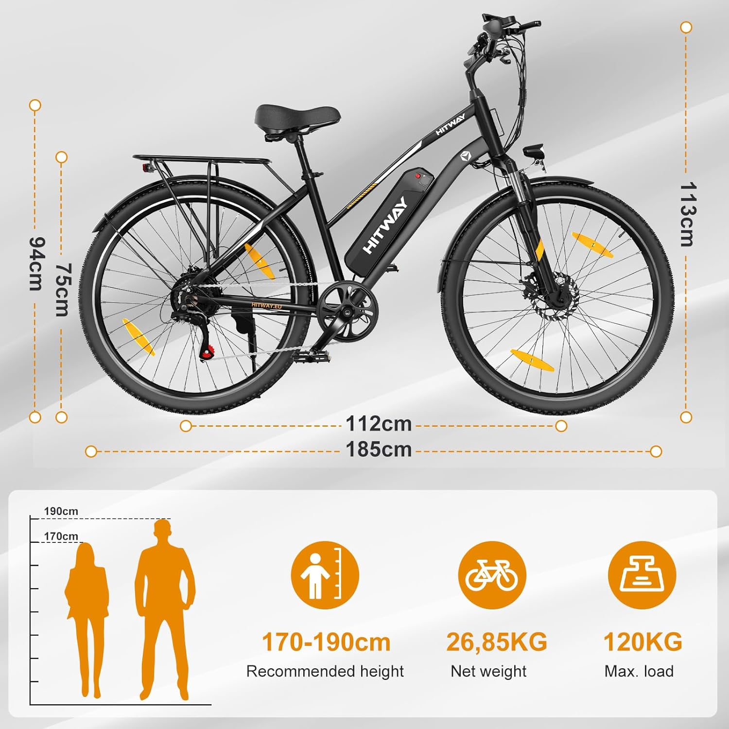 Czarny rower elektryczny z wymiarami i danymi. Tekst: Zalecany wzrost 170-190cm, waga netto 26,85KG, maks. obciążenie 120KG.