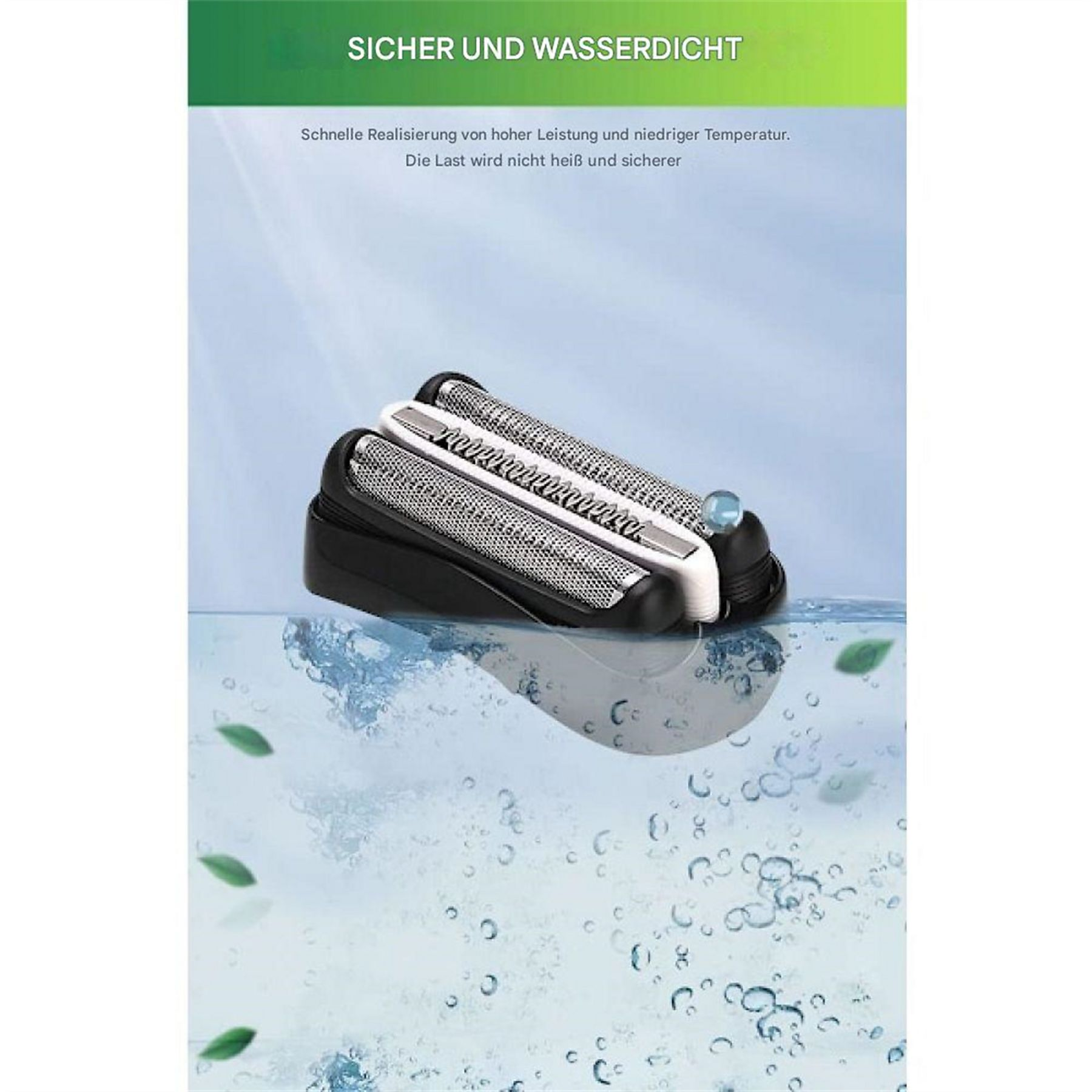 Rasiererkopf unter Wasser, Text-Overlay: 'Sicher und wasserdicht', Blasen drumherum.