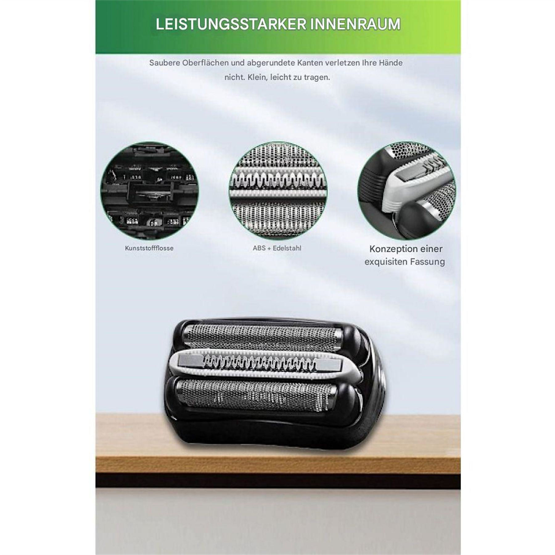 Rasiererkopf mit silbernen Klingen, schwarze Basis, Text: 'Leistungsstarker Innenraum', Diagramme.