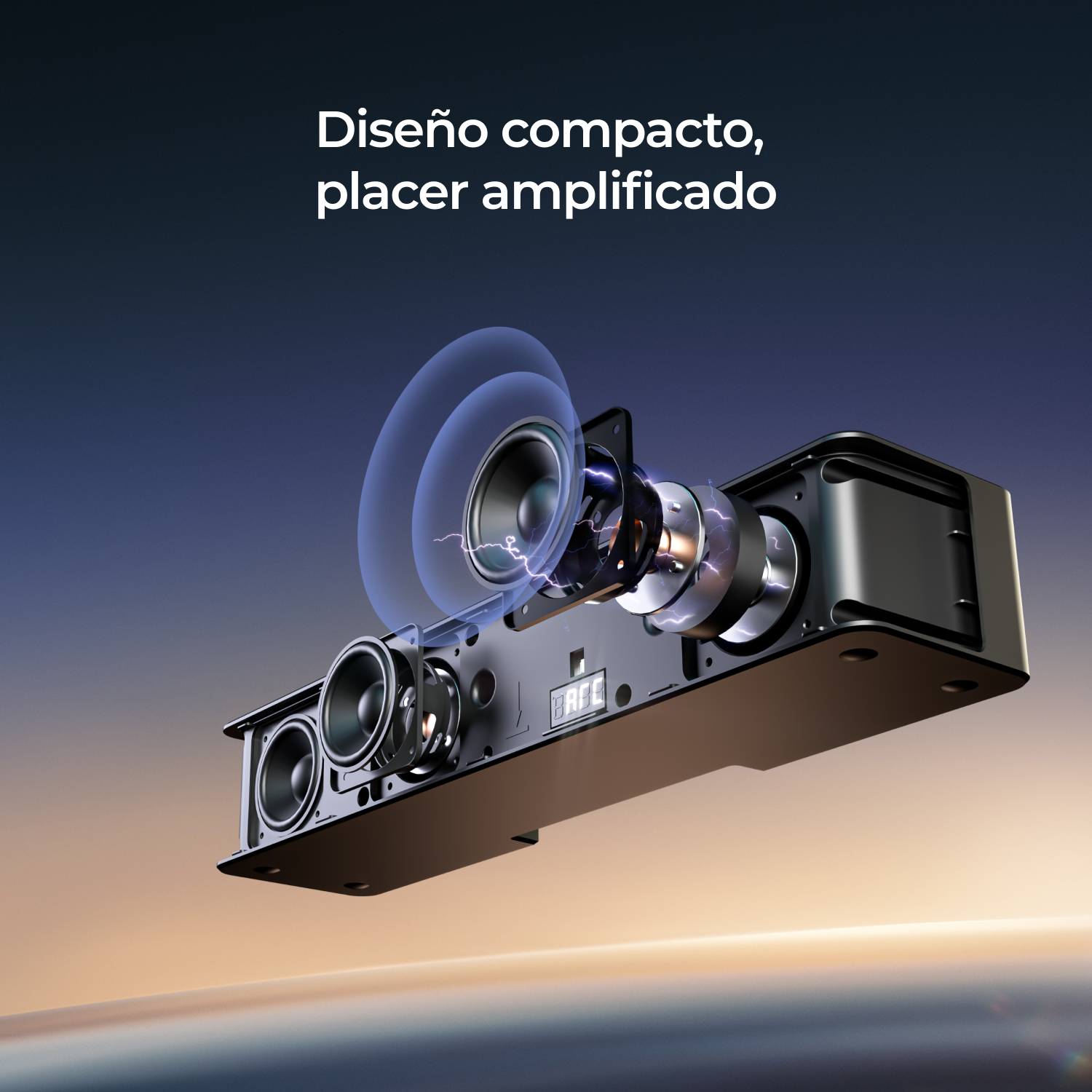 Vista seccionada de un altavoz que muestra los componentes internos. Efecto de luz, fondo azul y dorado.