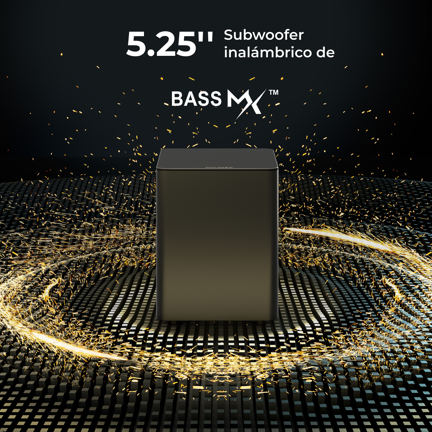 Un subwoofer negro con chispas y texto: '5.25" Subwoofer inalámbrico de'.
