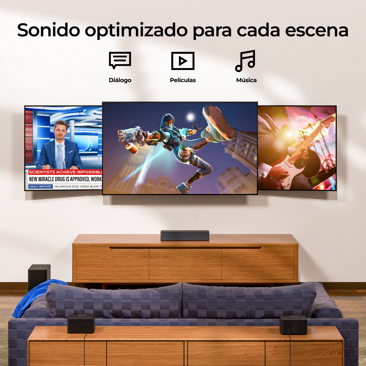 Pantalla de TV mostrando noticias, juegos e interfaces musicales. Altavoces en el sofá, superposición de texto.