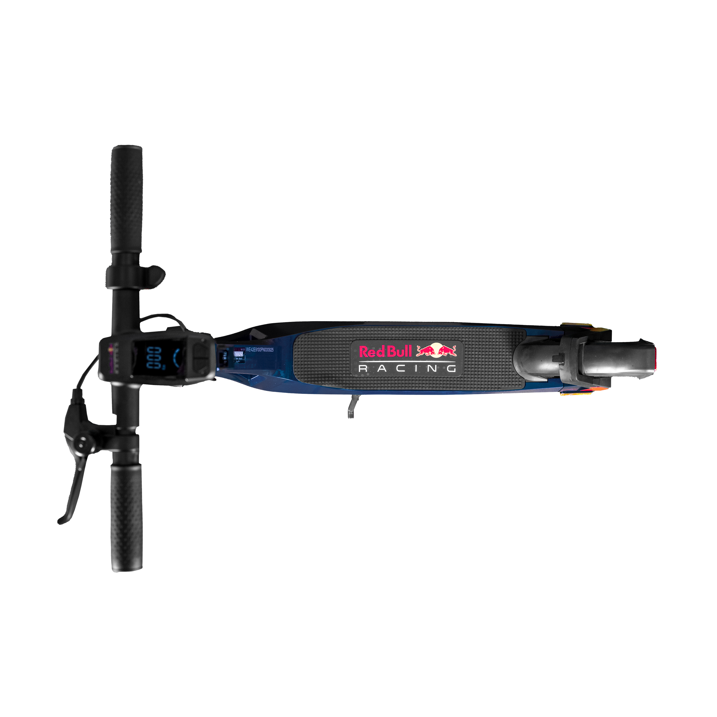 Draufsicht auf einen Red Bull-Roller. Blauer Körper, schwarzes Deck und rotes Logo.