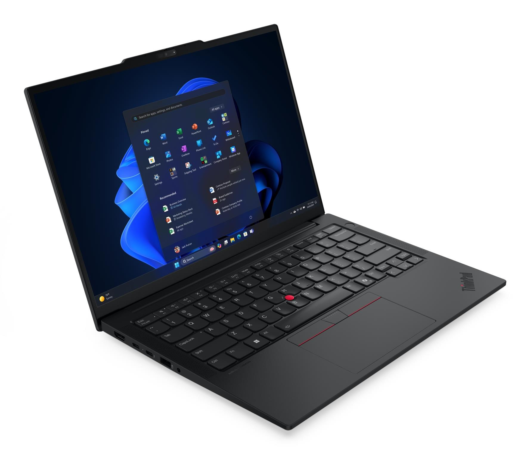 L'immagine mostra un laptop ThinkPad scuro con il menu di avvio di Windows 11 aperto.