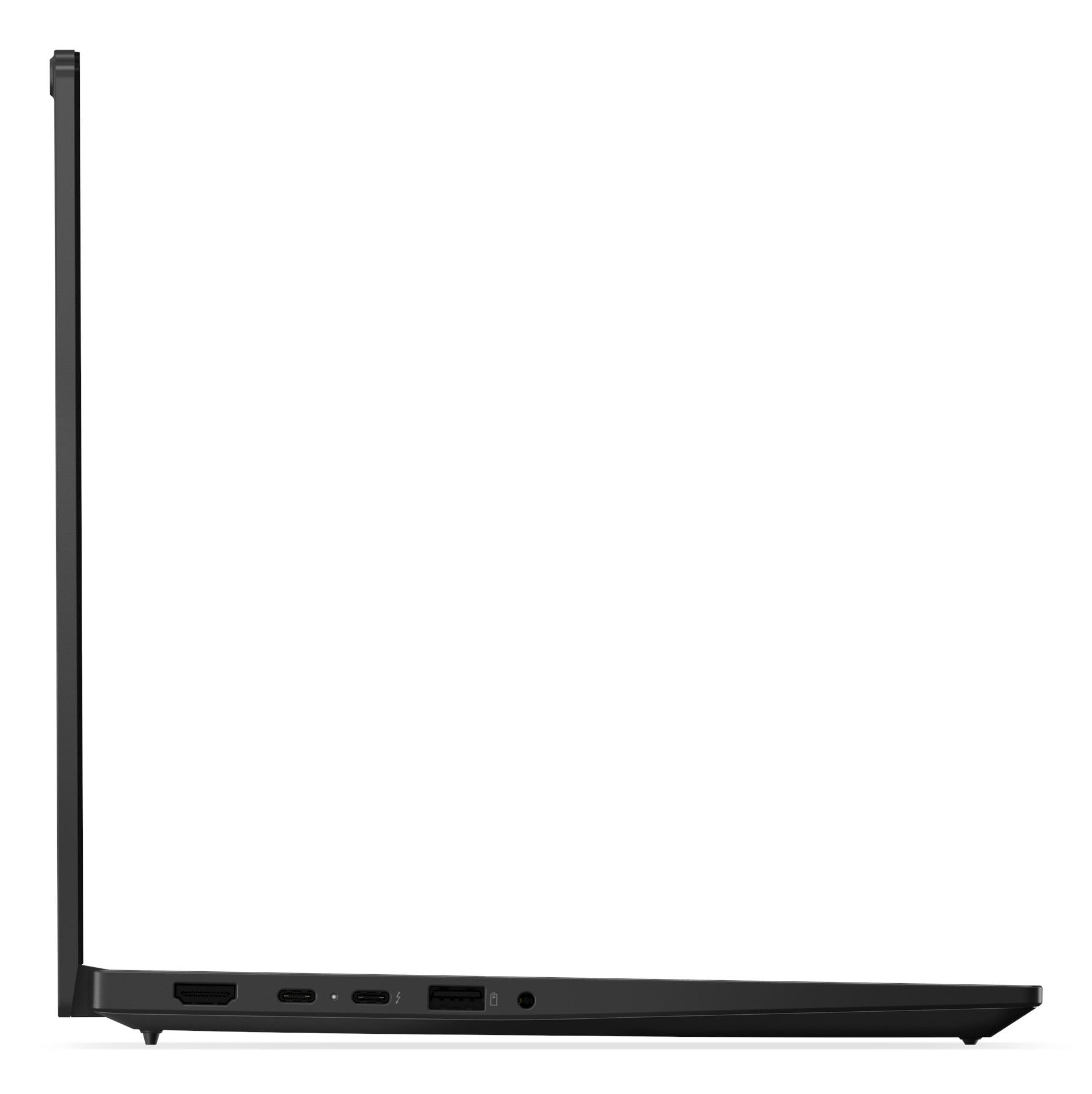 Vista laterale di un laptop nero chiuso con porte visibili.