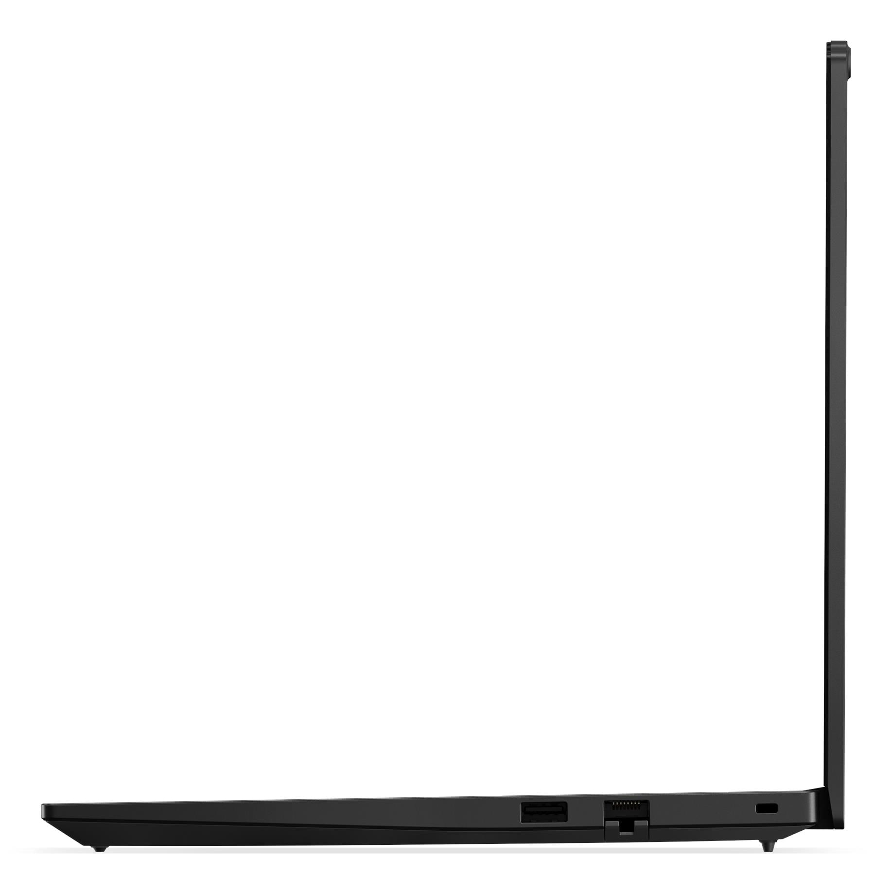 Vista laterale di un laptop nero su sfondo bianco, che mostra porte e schermo.