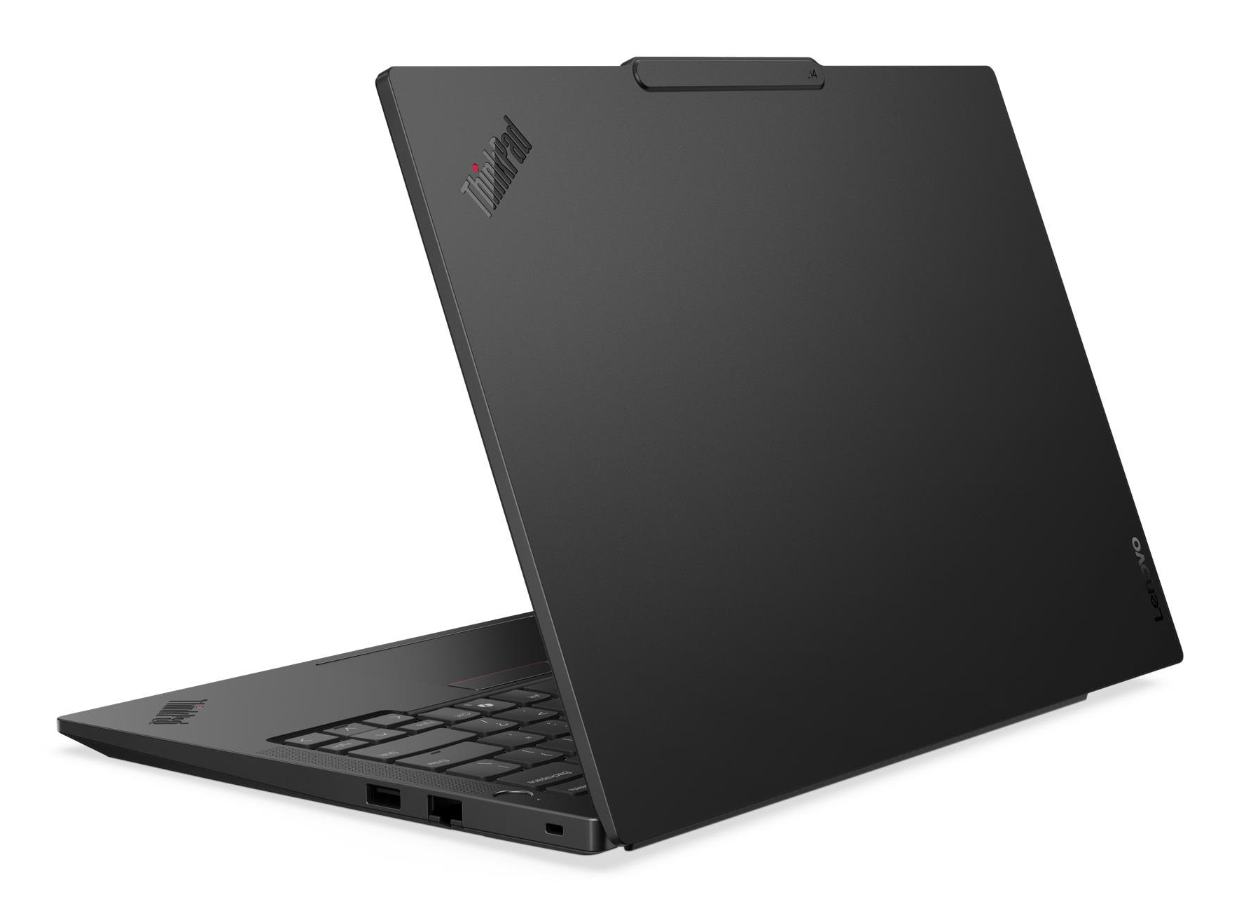Laptop ThinkPad nero, aperto, angolato indietro, mostra tastiera e porte.