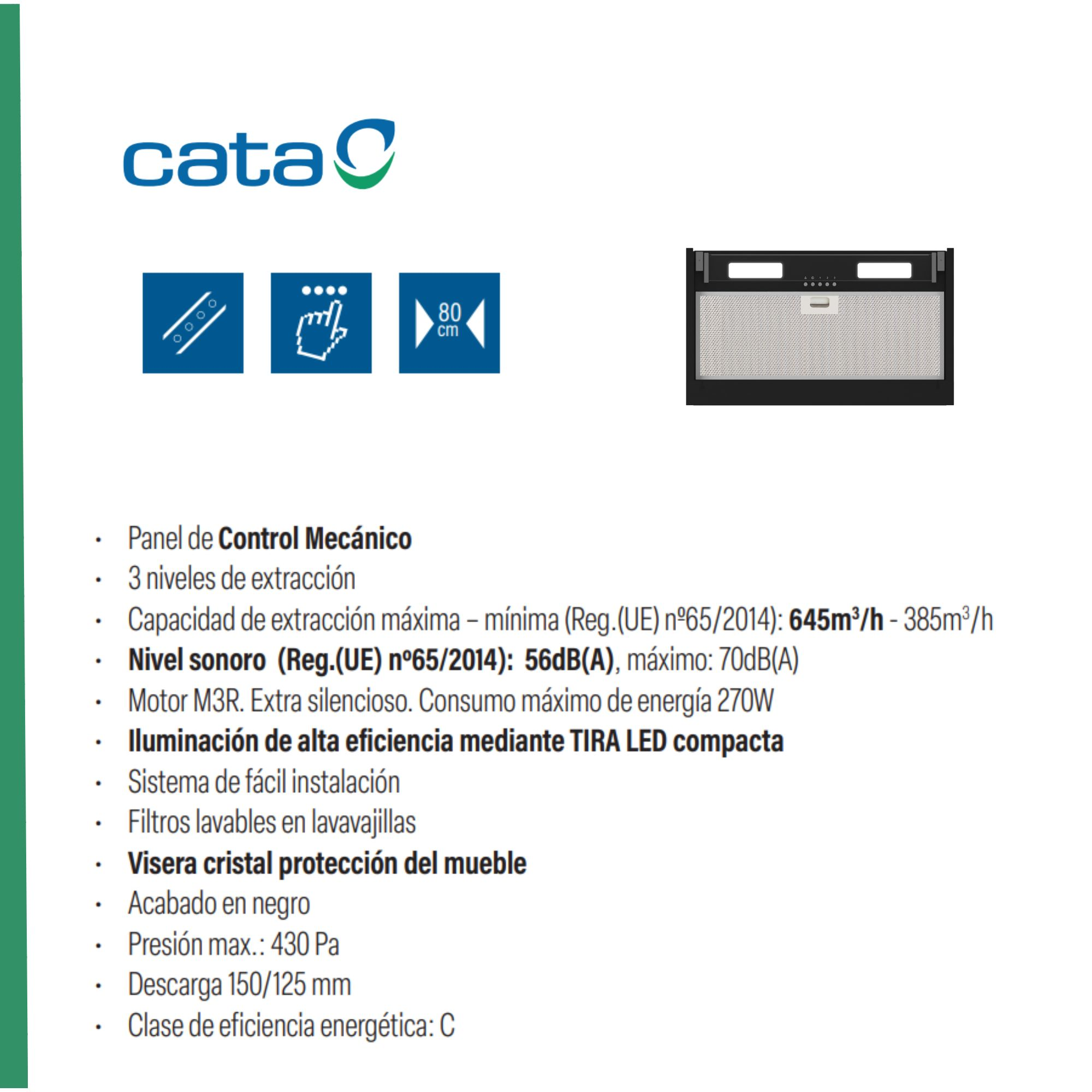Un conjunto de información descriptiva para una campana extractora, incluidas especificaciones y características.