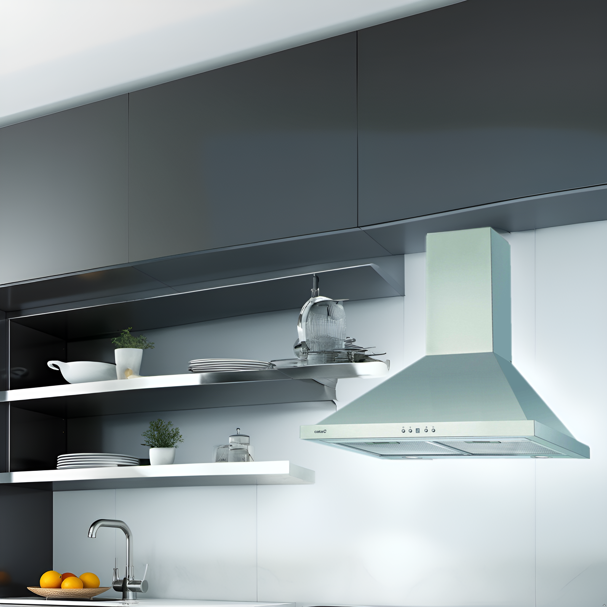 Un interior de cocina con una campana de acero inoxidable y estantes.