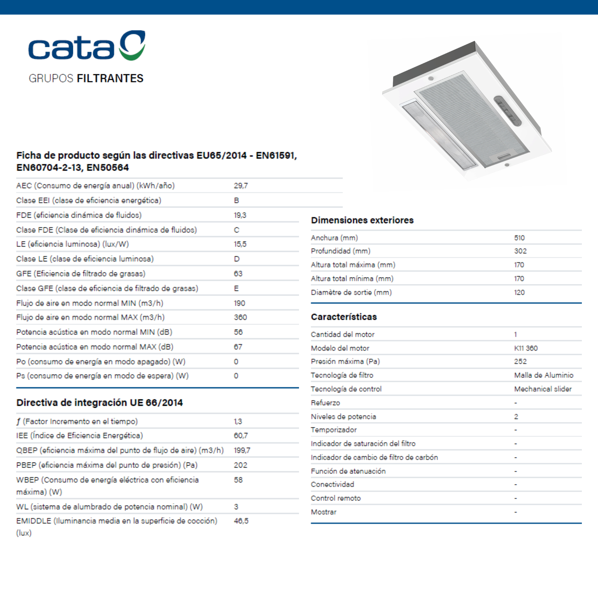 Especificaciones del producto para una campana Cata. Texto y tablas de datos sobre fondo blanco.