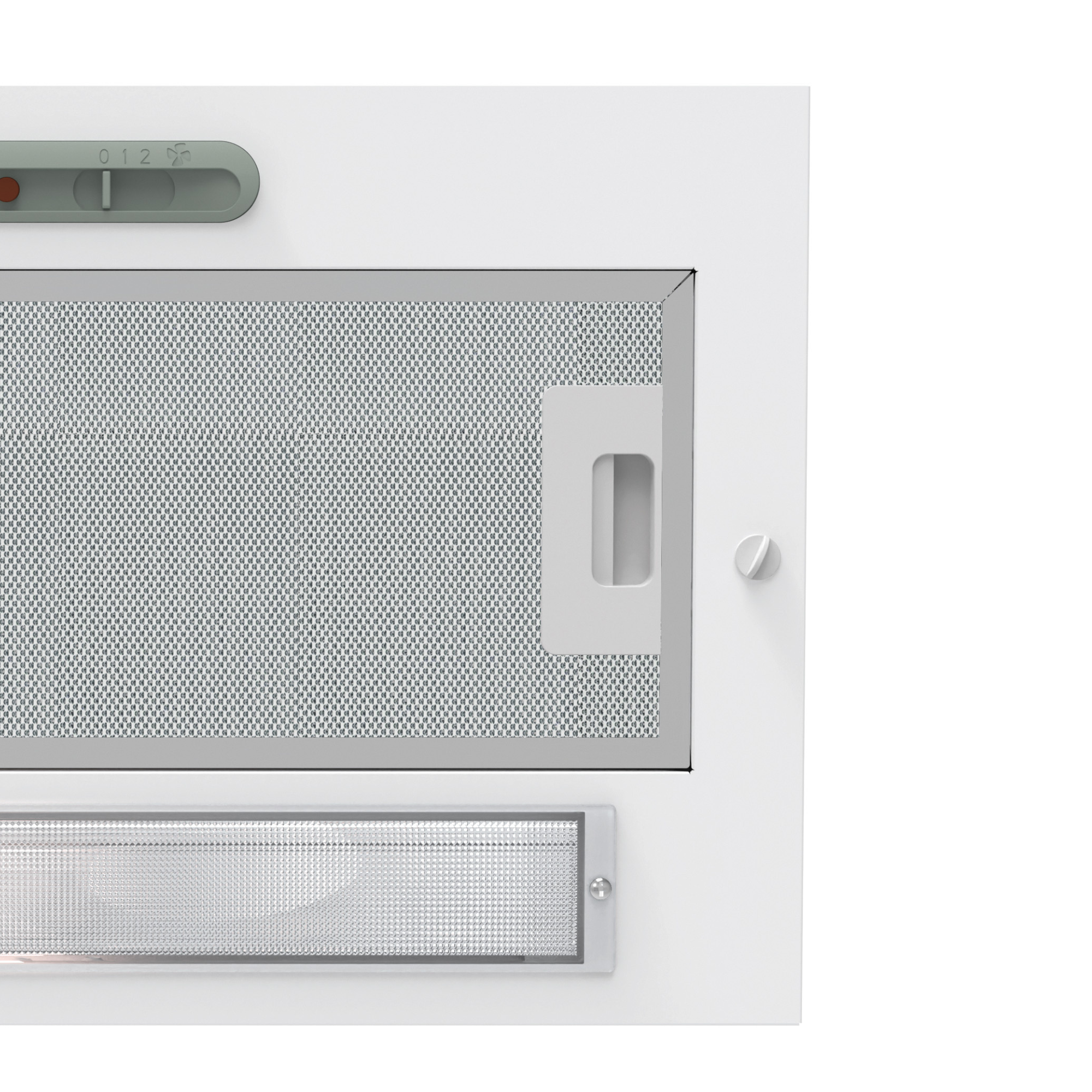 Primer plano del panel de control de una campana extractora blanca con botones y filtro de malla metálica.
