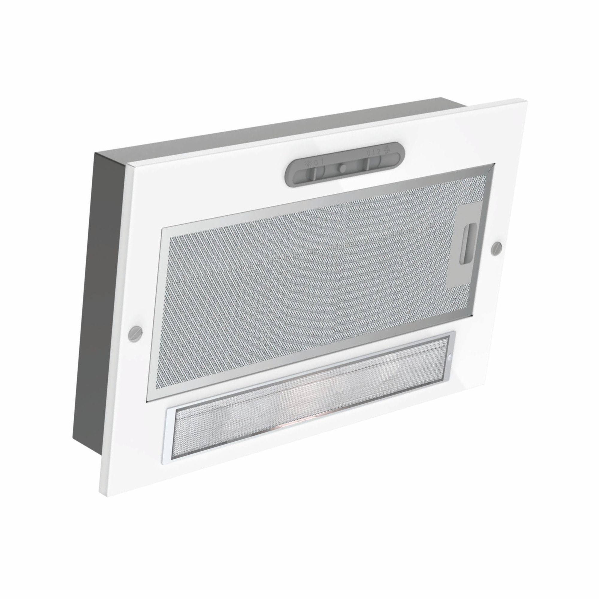 Una campana extractora blanca con panel de control y filtro de malla metálica.