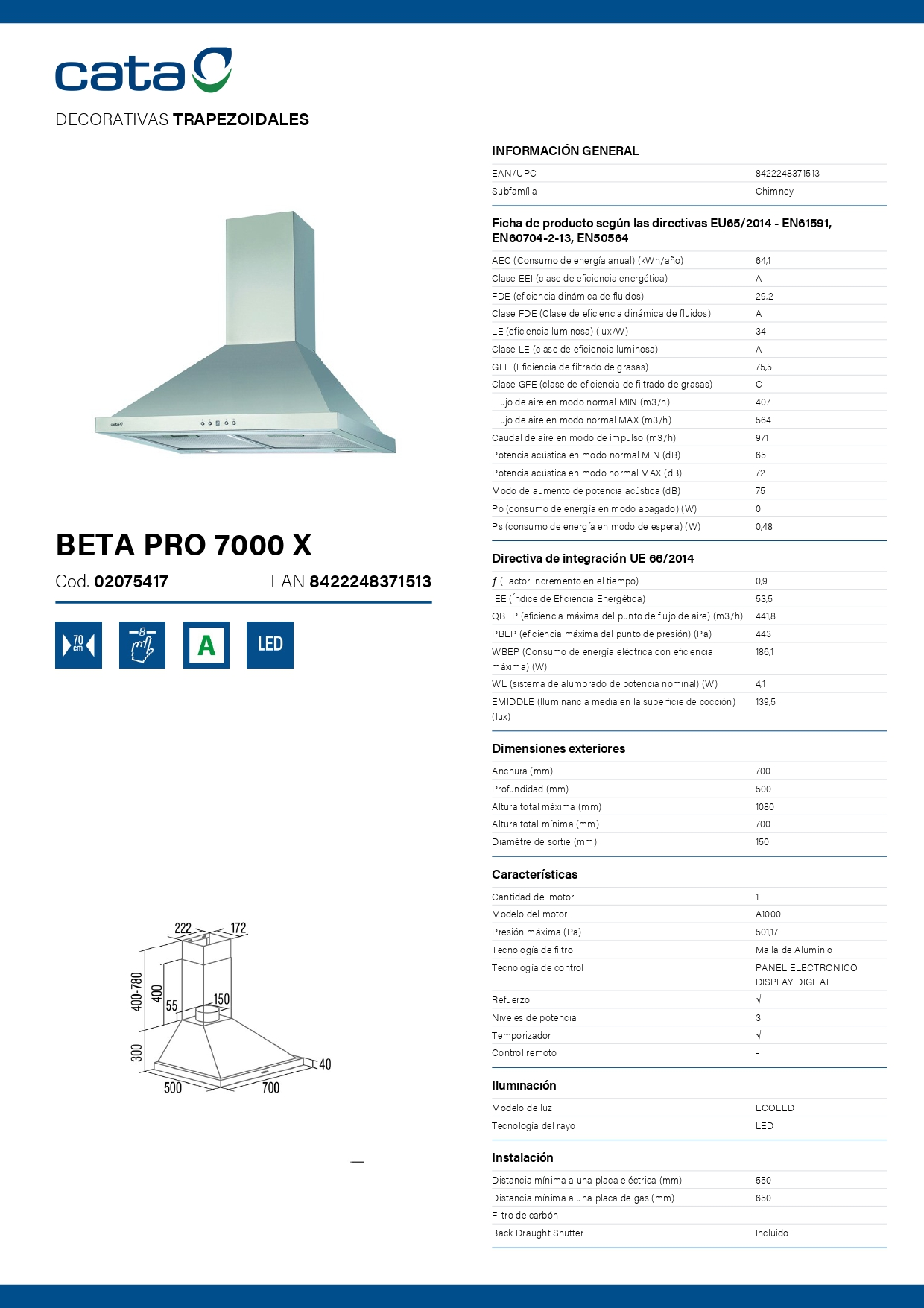 Ficha de información del producto para la campana extractora Cata BETA PRO 7000 X.