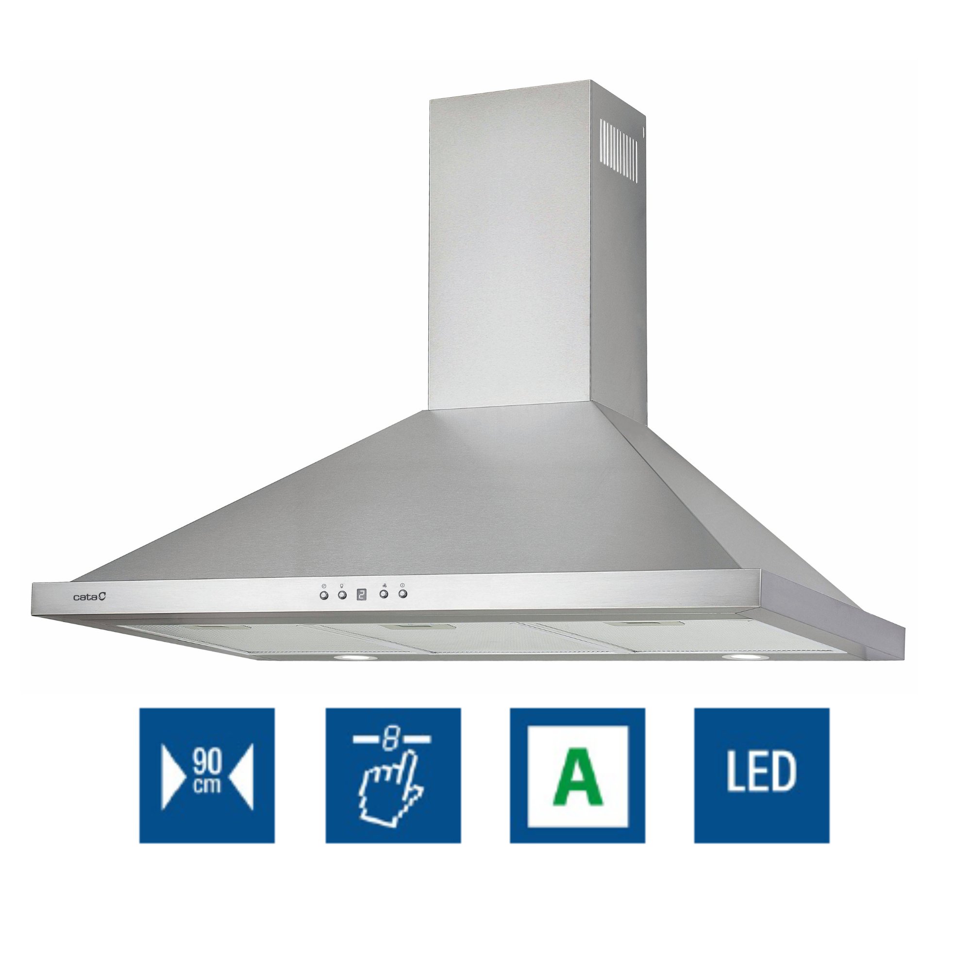 Campana extractora de acero inoxidable con iconos de tamaño, control táctil, eficiencia energética y LED.