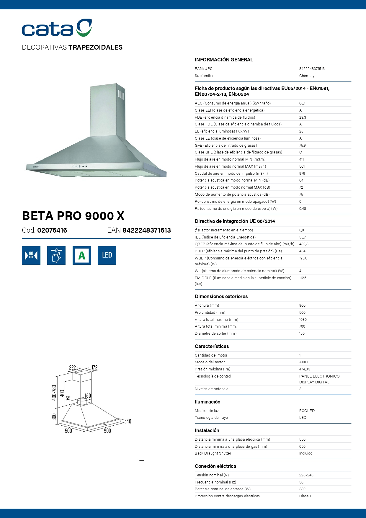 Especificaciones de la campana extractora CATA y etiqueta energética.