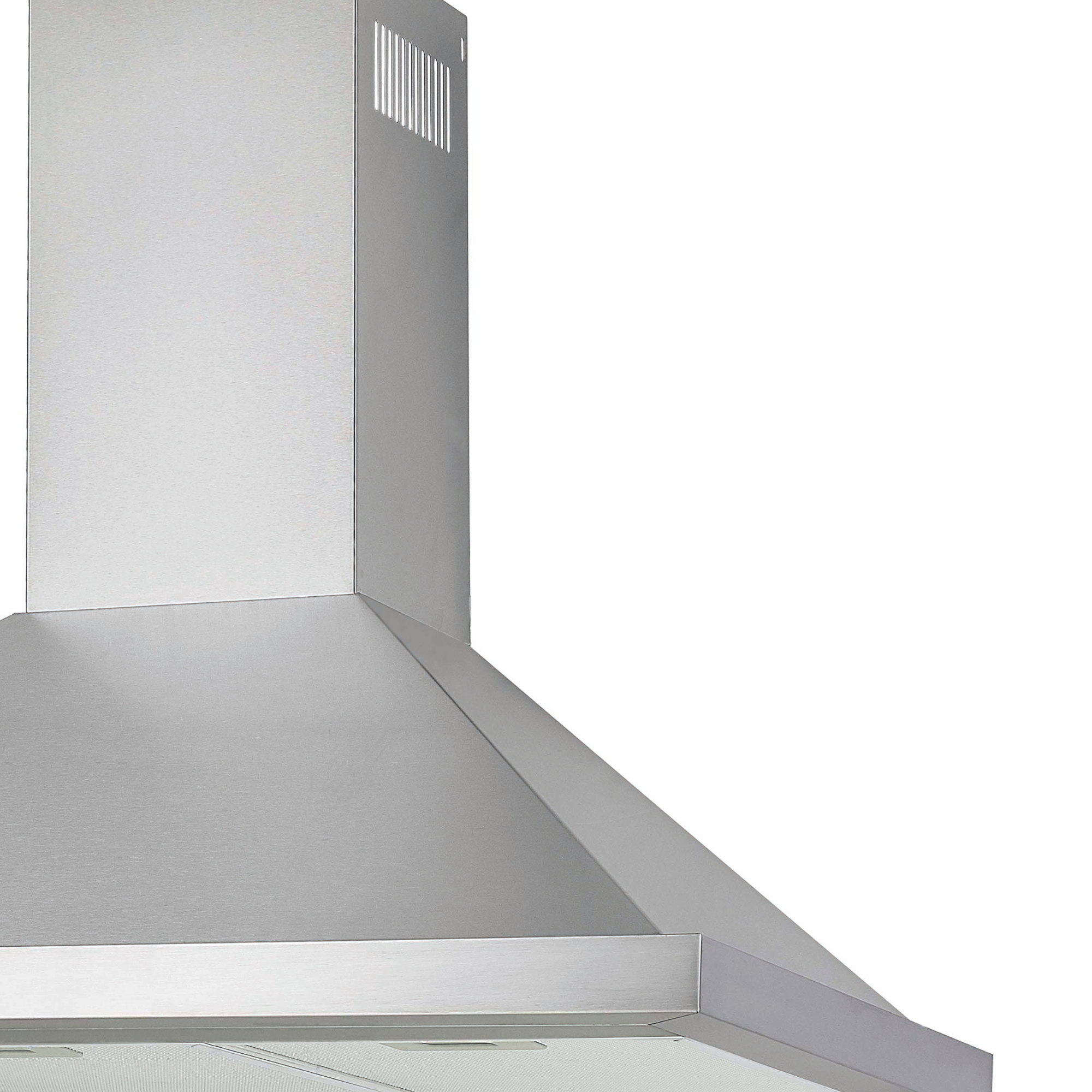 Primer plano de una campana extractora de cocina de acero inoxidable plateado.