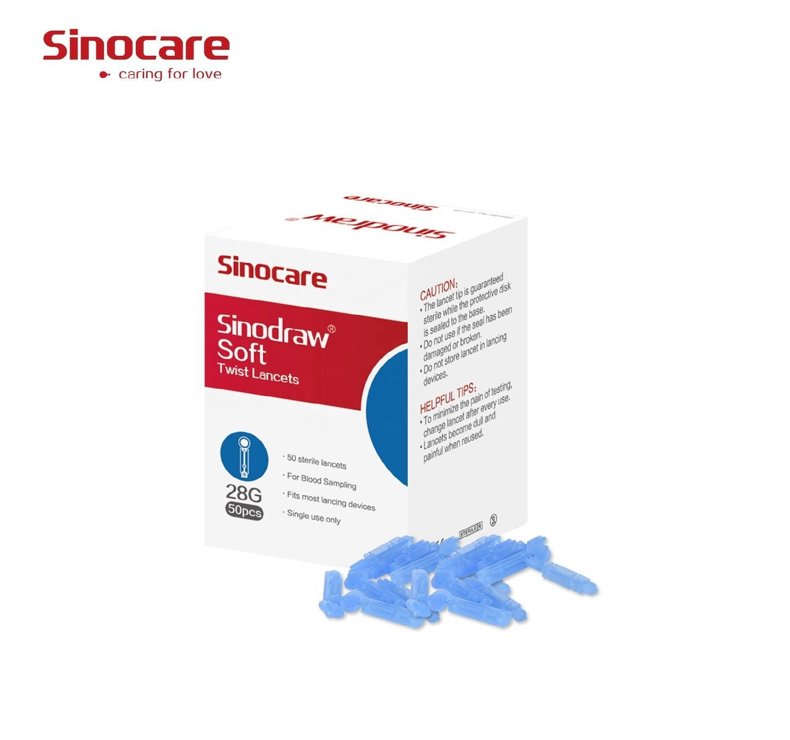 Packung Sinocare Soft Twist Lancets und verstreute blaue Lanzetten, Text auf der Packung.