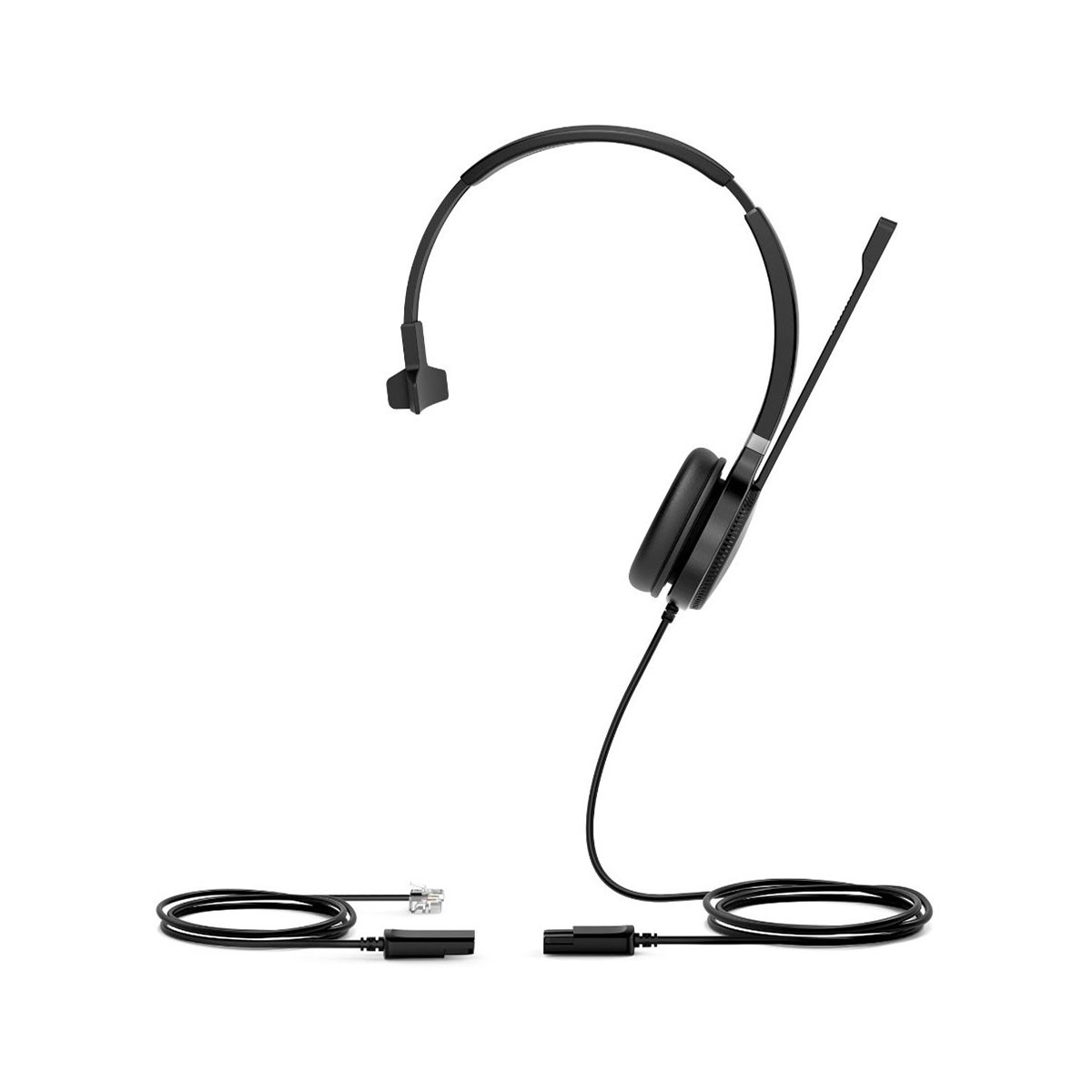 Casque noir avec micro et câbles. Deux câbles séparés, un avec prise.