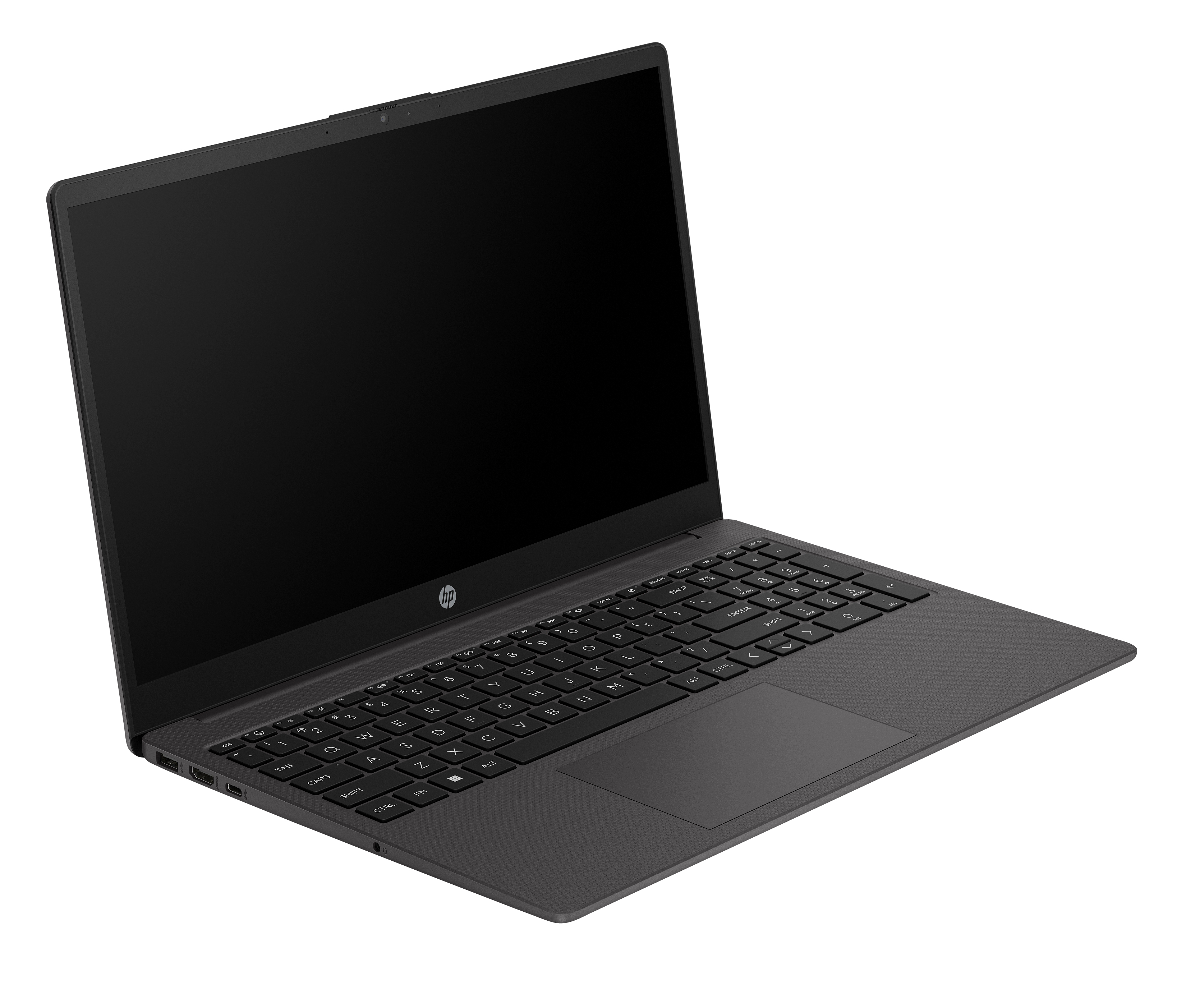 Laptop HP nero aperto su sfondo bianco. Tastiera e touchpad visibili, schermo nero.