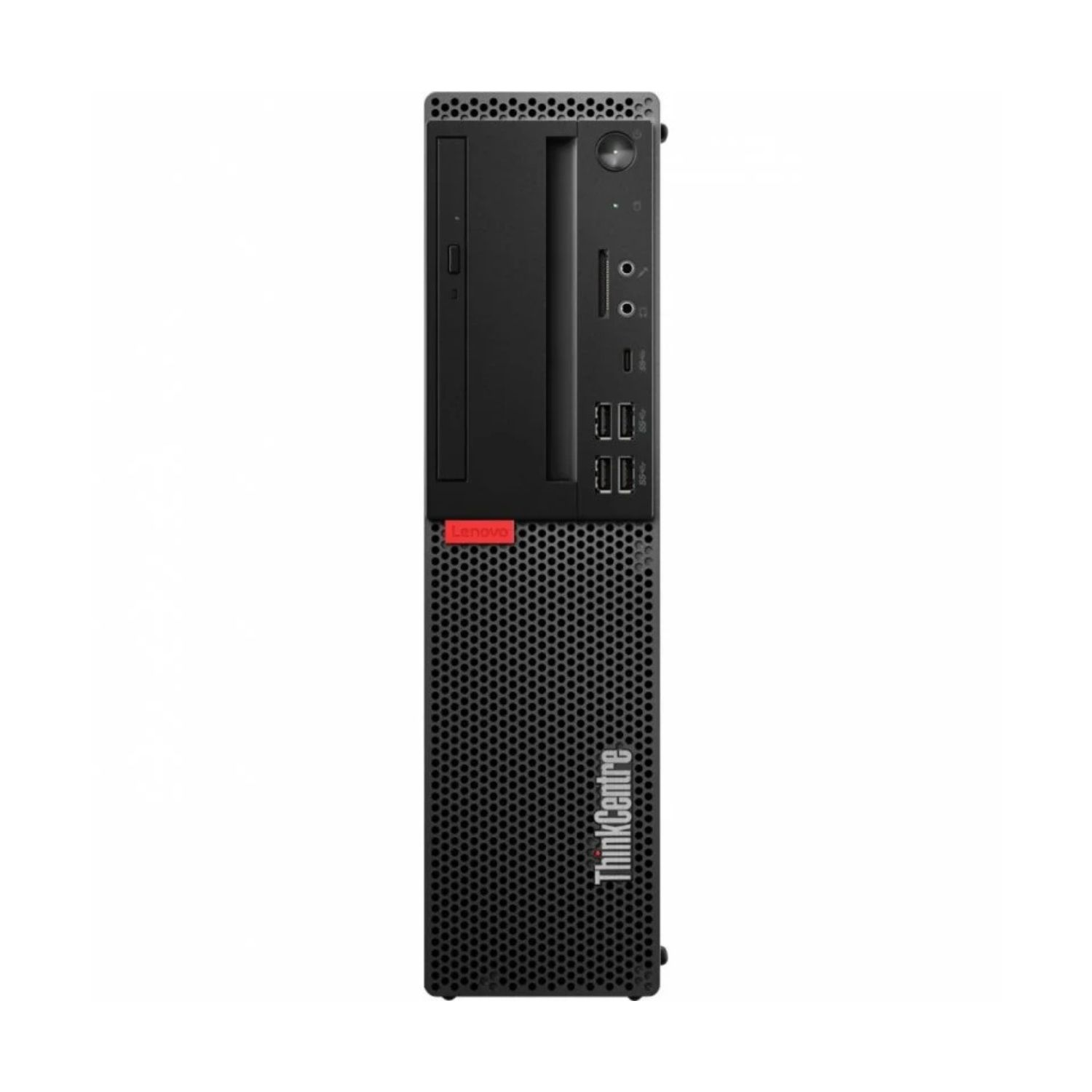 Torre de computadora Lenovo ThinkCentre negra. Tiene el logotipo de Lenovo.