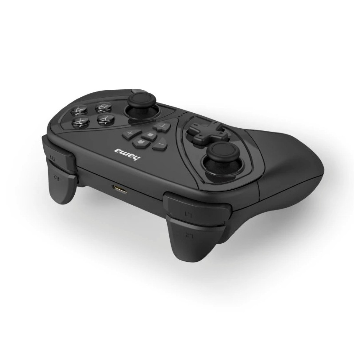 Czarny gamepad Hama z różnymi przyciskami i elementami sterującymi na białym tle.