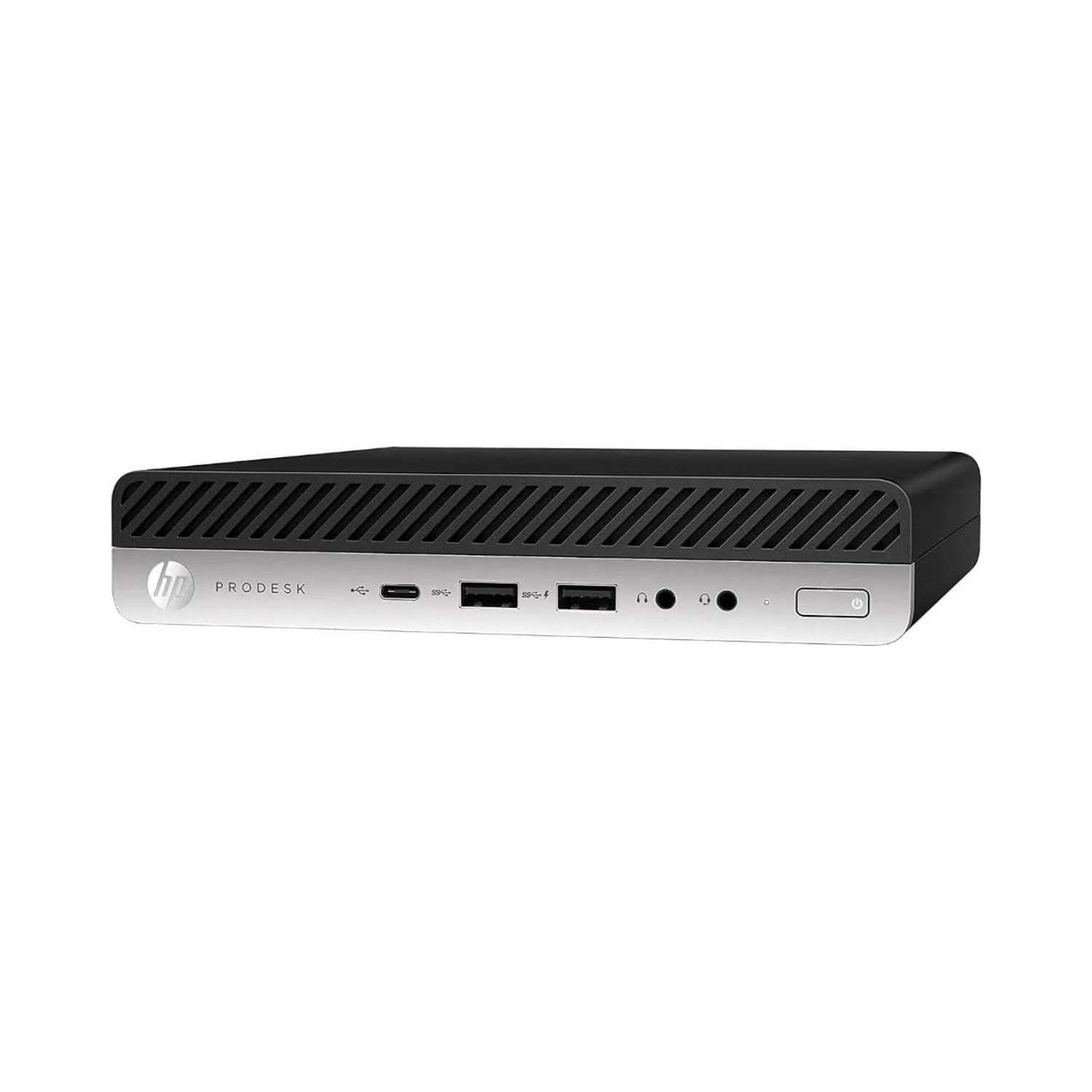 Un ordenador HP ProDesk negro y plateado sobre una superficie blanca, con vista frontal mostrando puertos y el logo HP.