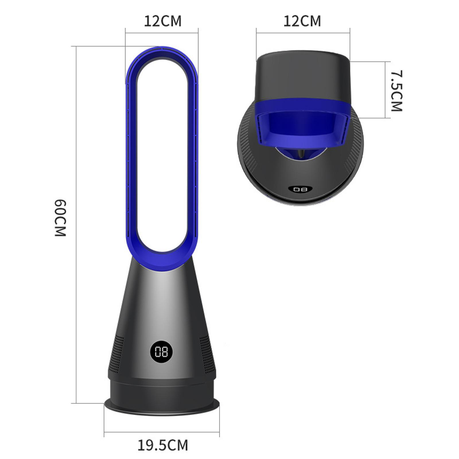 Ein blattloser Ventilator mit Abmessungen. Der Ventilator ist schwarz und grau mit blauem Innenraum.