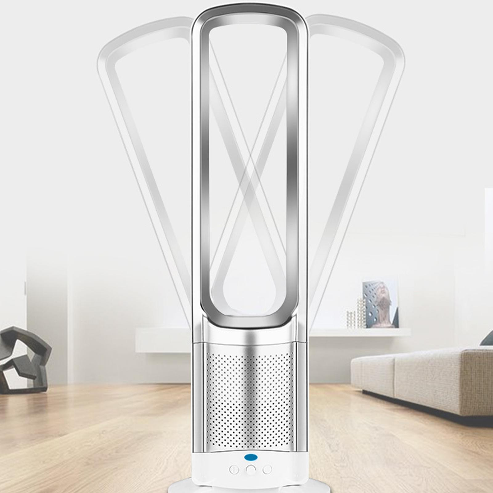 Ein weißer, blattloser Ventilator mit animierter Luftbewegung. Der Ventilator steht in einem weißen Raum.