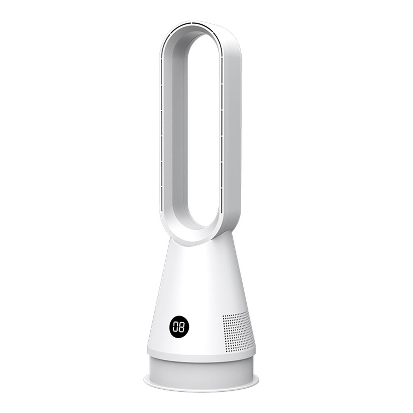 Ein weißer, blattloser Ventilator. Der Ventilator zeigt '08' in einer Digitalanzeige. Der Hintergrund ist weiß.