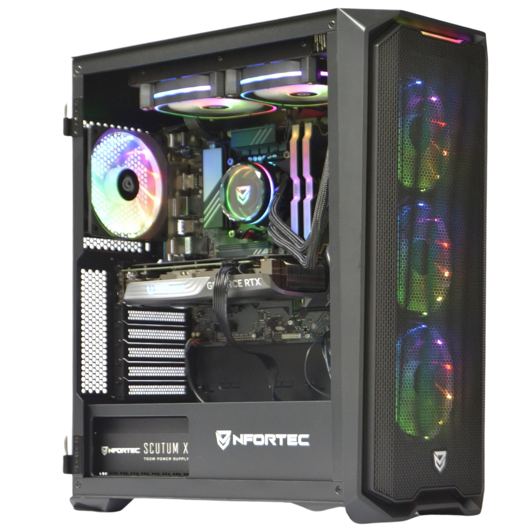 Una caja de computadora negra con componentes visibles, incluidos ventiladores con iluminación arcoíris.