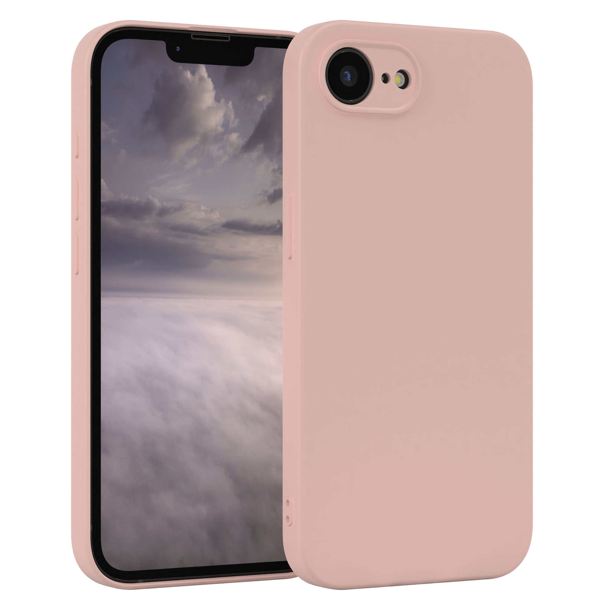 Rosa Handyhülle auf einem Handy, mit einem Wolkenhimmel auf dem Bildschirm.