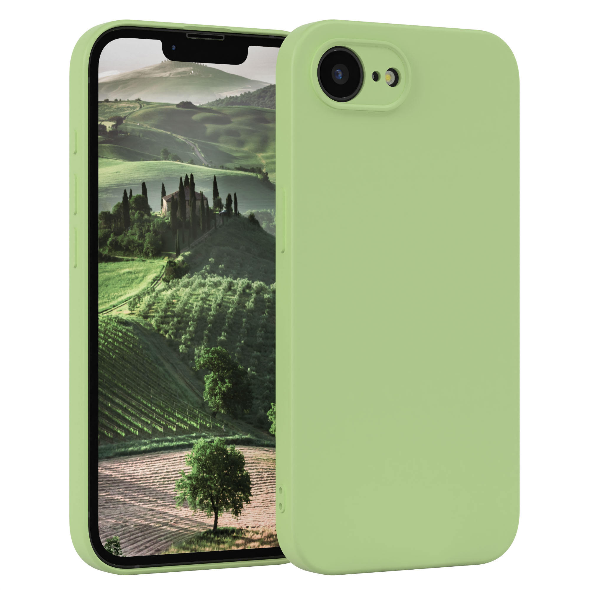 Grüne Handyhülle auf einem Handy. Der Bildschirm zeigt eine grüne Landschaft mit Bäumen.